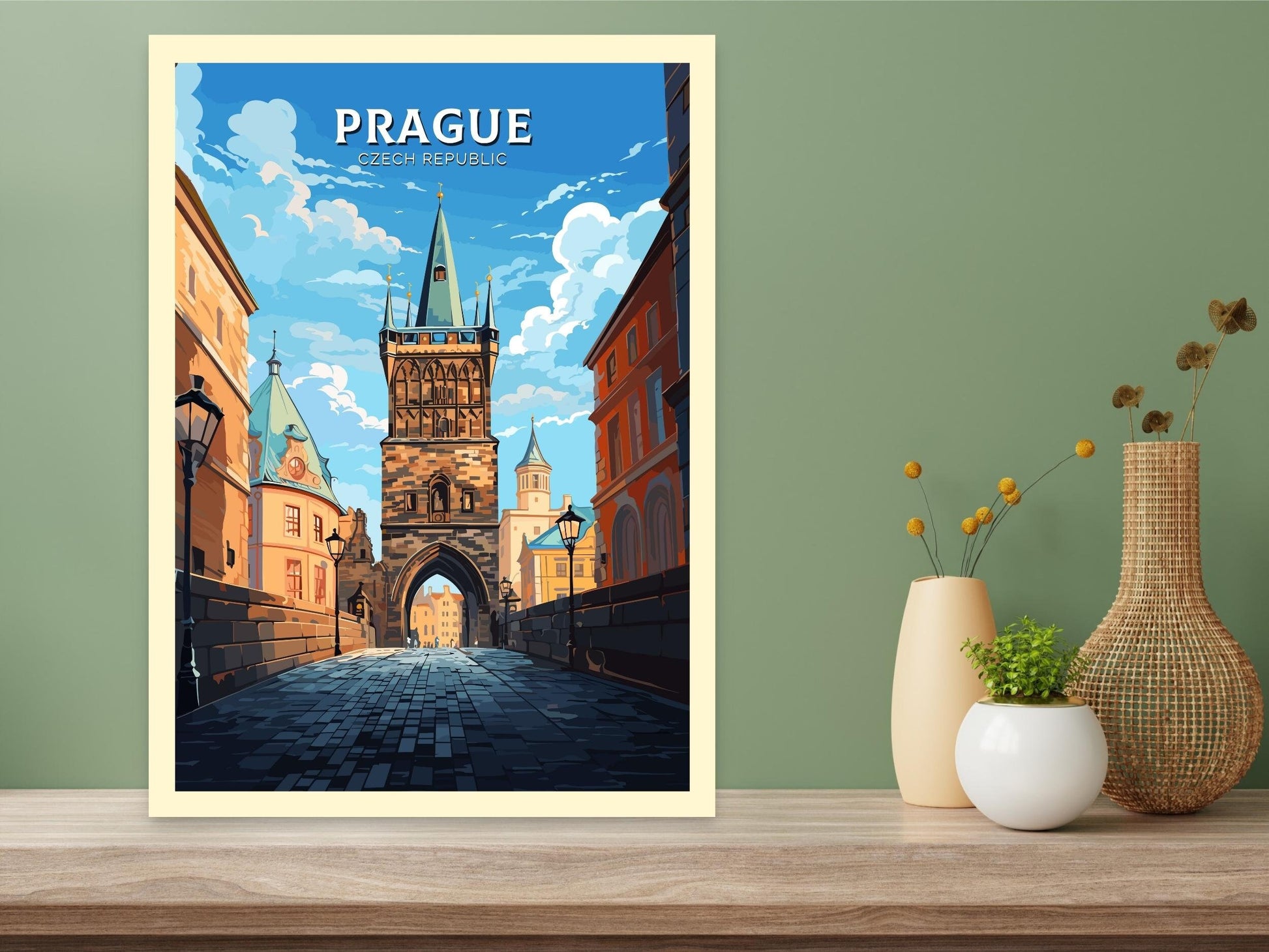 Prague Travel Poster | Prague Print | Prague Illustration | Prague Wall Art | Czechia Print | Prague Home Decor | Powder Tower | ID 652