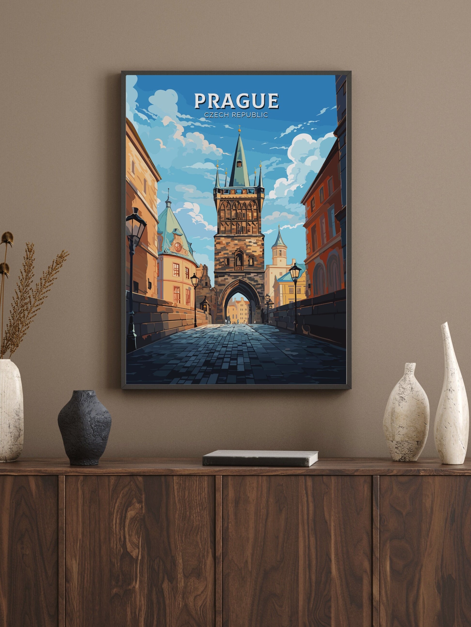 Prague Travel Poster | Prague Print | Prague Illustration | Prague Wall Art | Czechia Print | Prague Home Decor | Powder Tower | ID 652