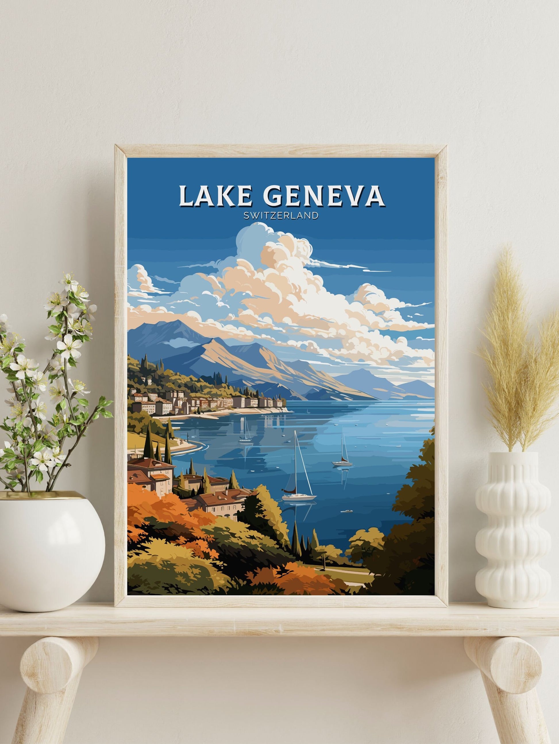 Lake Geneva Travel Poster | Lake Geneva Travel Print | Geneva Illustration | Geneva Wall Art | Switzerland Print | Geneva Artwork | ID 677