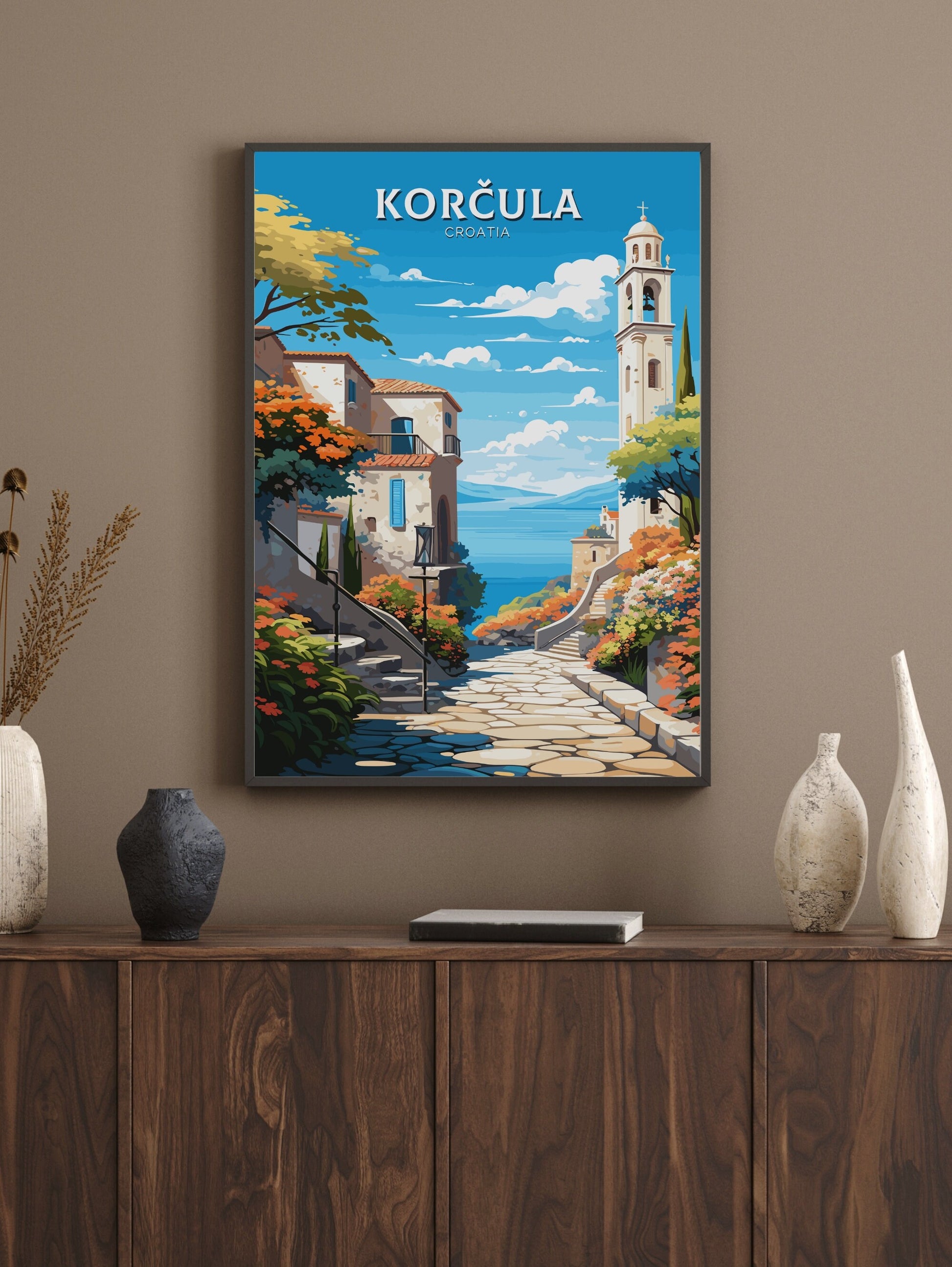 Korčula Print | Korčula Illustration | Korčula Wall Art | Croatia Print | Korčula Poster | Korčula Lakes Painting | Korčula Croatia ID 688