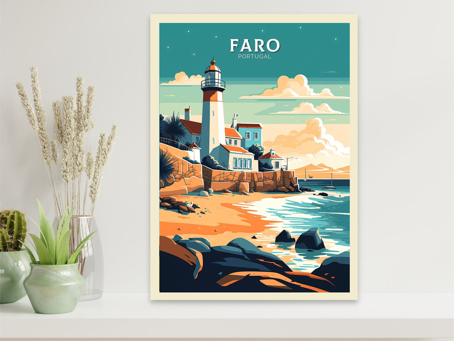 Faro Print | Faro Poster | Faro Wall Art | Portugal Travel Poster | Faro Illustration | Lighthouse Print | Faro Portugal Artwork | ID 087