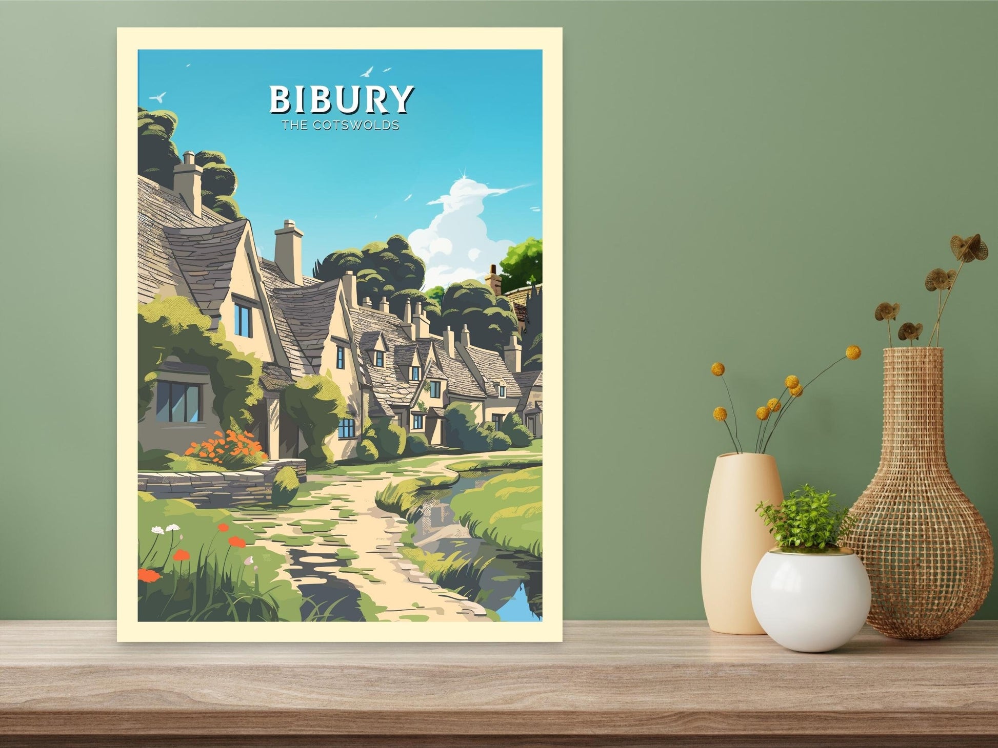 Bibury Travel Print | BiburyPoster | Bibury England Illustration | The Cotswolds UK | The Cotswolds Print | Arlington Row | ID 824