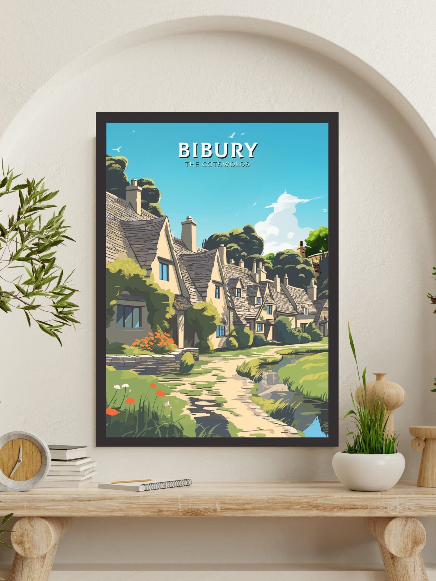 Bibury Travel Print | BiburyPoster | Bibury England Illustration | The Cotswolds UK | The Cotswolds Print | Arlington Row | ID 824