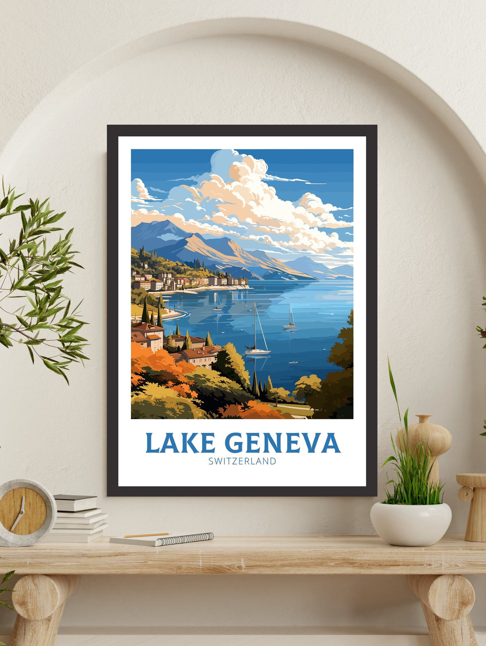 Lake Geneva Travel Print | Lake Geneva Travel Poster | Geneva Illustration | Geneva Wall Art | Switzerland Poster | Geneva Artwork | ID 837