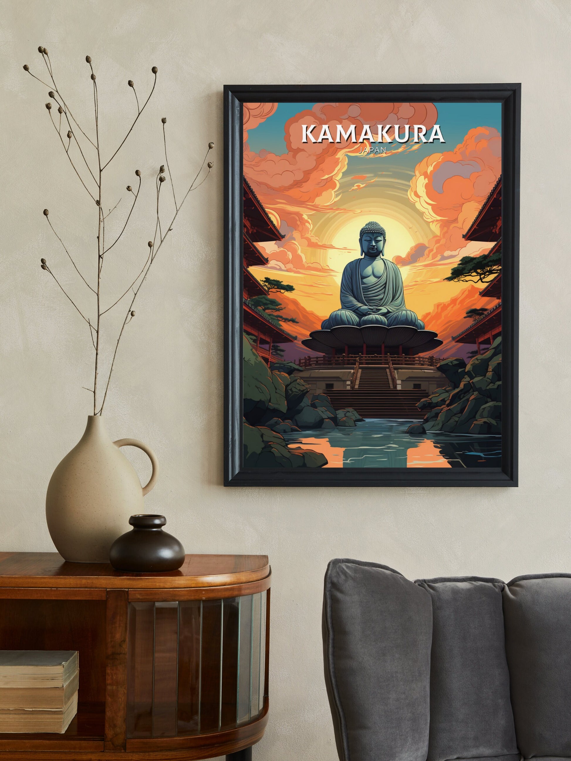 Kamakura Print | Kamakura Illustration | Japan Poster | Japan Print | Kamakura Poster | Kamakura Wall Art | Great Buddha Poster | ID 900