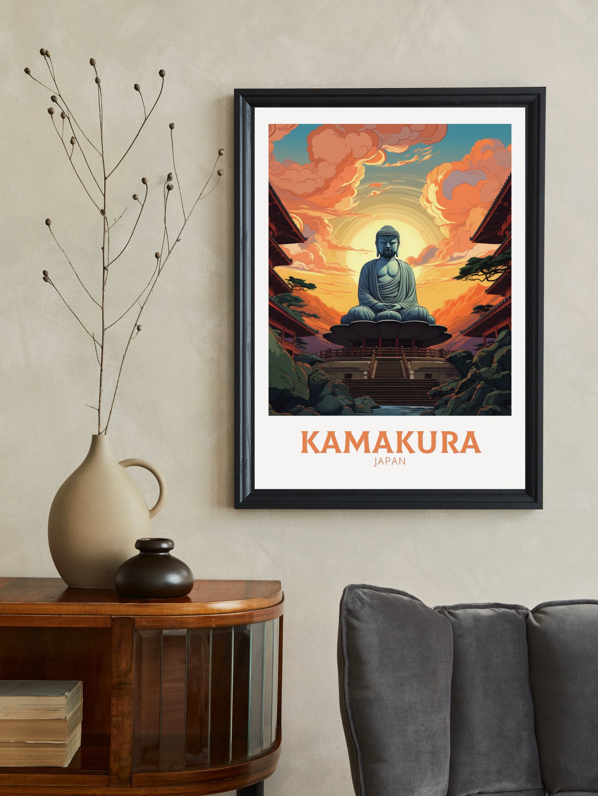 Kamakura Poster | Kamakura Illustration | Japan Poster | Japan Print | Kamakura Print | Kamakura Wall Art | Great Buddha Poster | ID 905