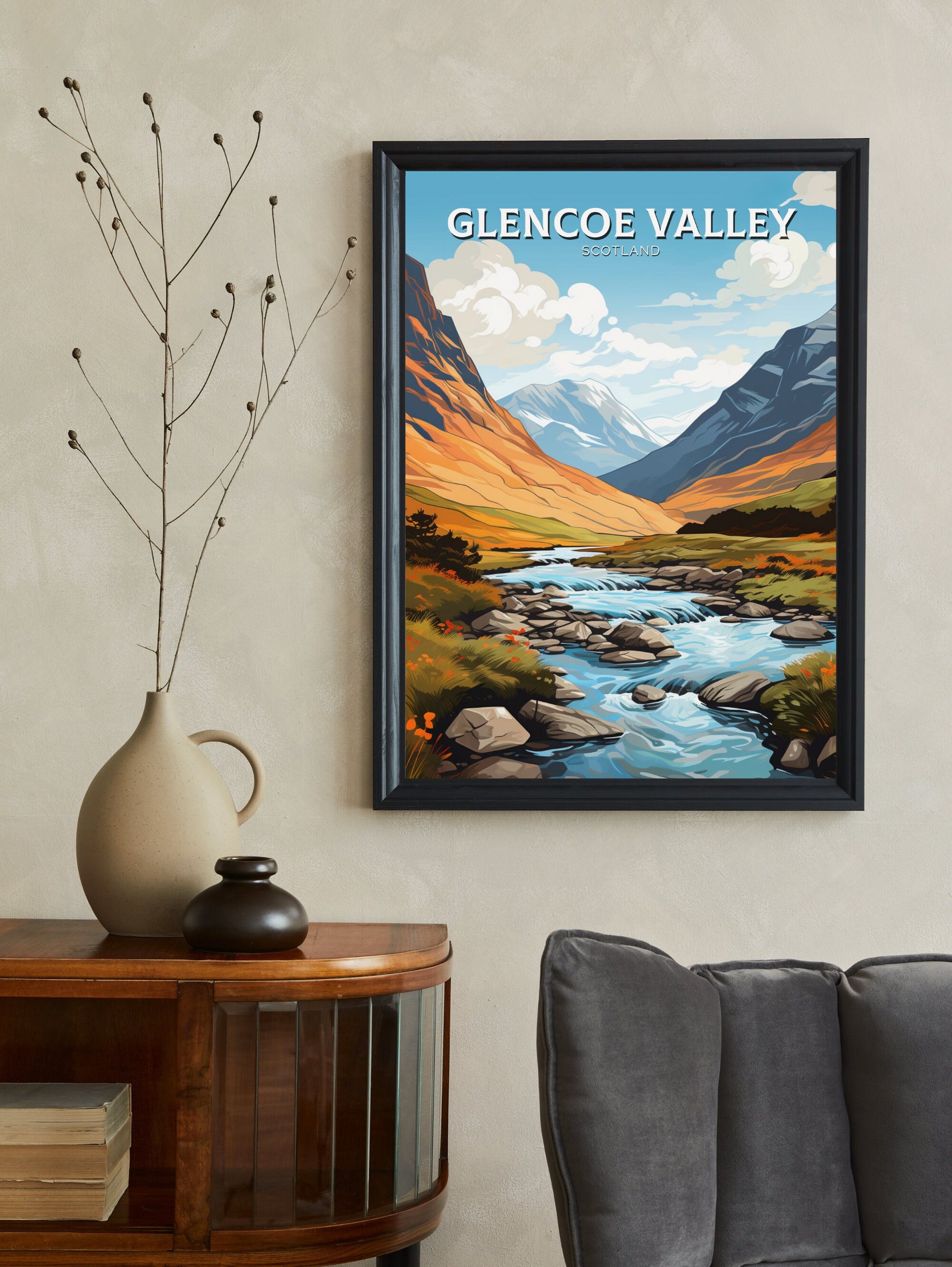 Glencoe Valley Travel Print | Glencoe Valley Travel Poster | Glencoe Valley Art | Scotland Art | Scotland Poster | Scotland Print | ID 867