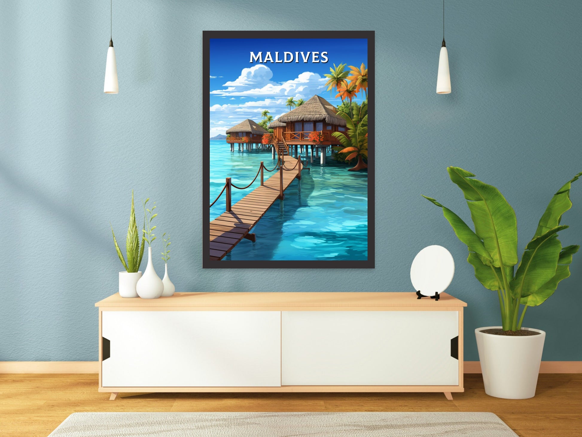 Maldives Print | Maldives Illustration | Maldives Poster | Maldives Wall Art | Maldives Bungalows Poster | Overwater Bungalows | ID 928