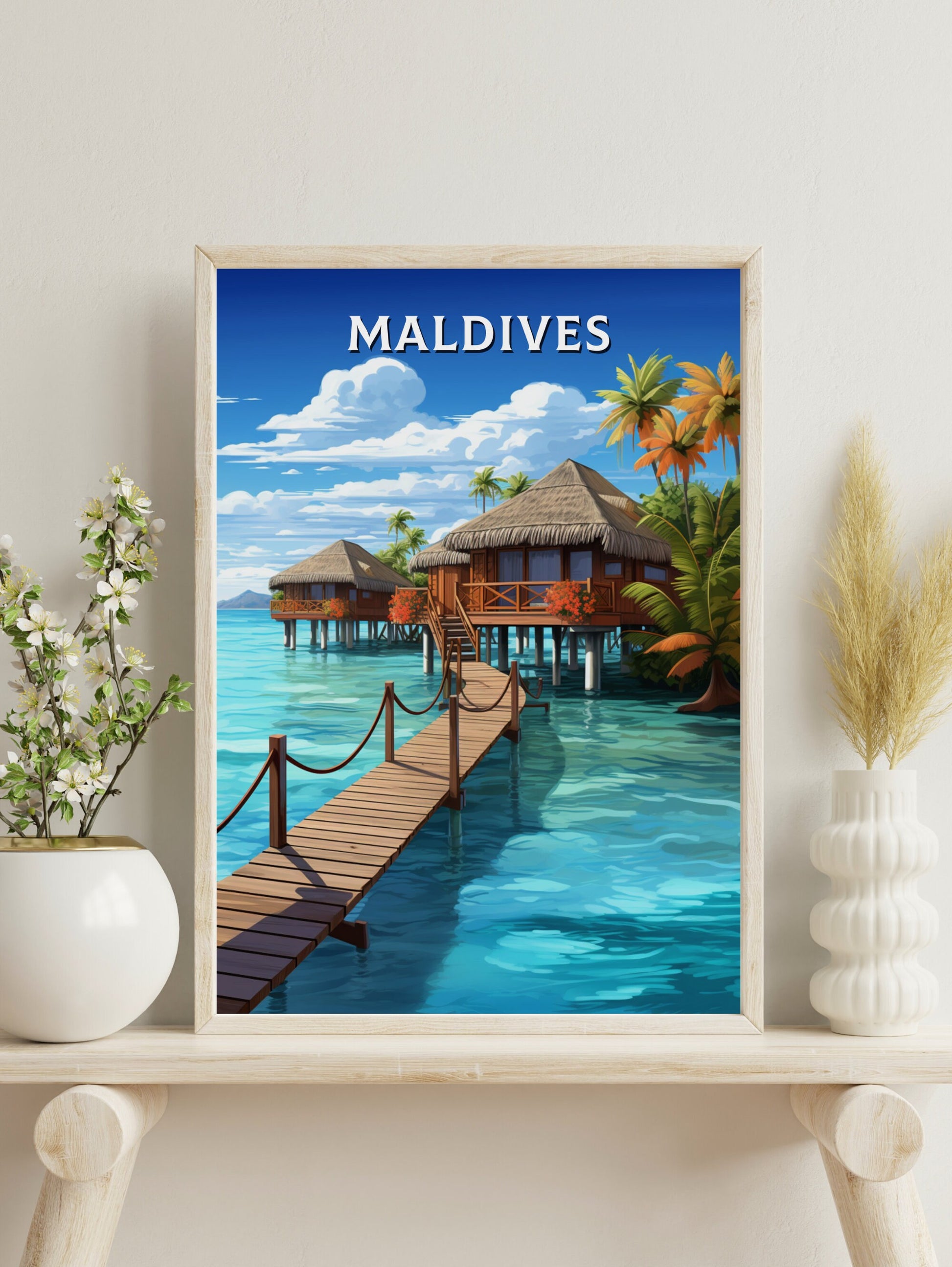 Maldives Print | Maldives Illustration | Maldives Poster | Maldives Wall Art | Maldives Bungalows Poster | Overwater Bungalows | ID 928