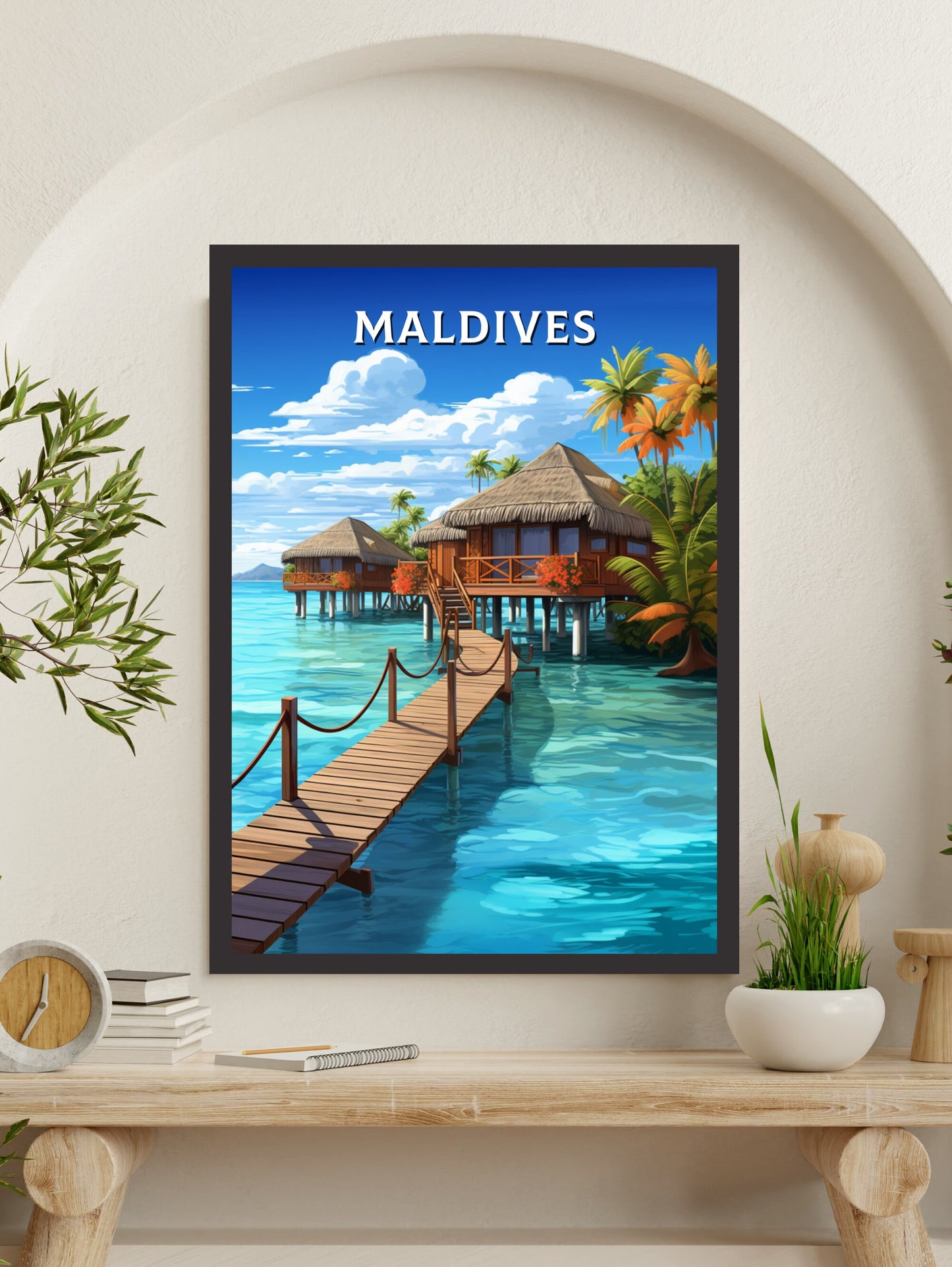 Maldives Print | Maldives Illustration | Maldives Poster | Maldives Wall Art | Maldives Bungalows Poster | Overwater Bungalows | ID 928