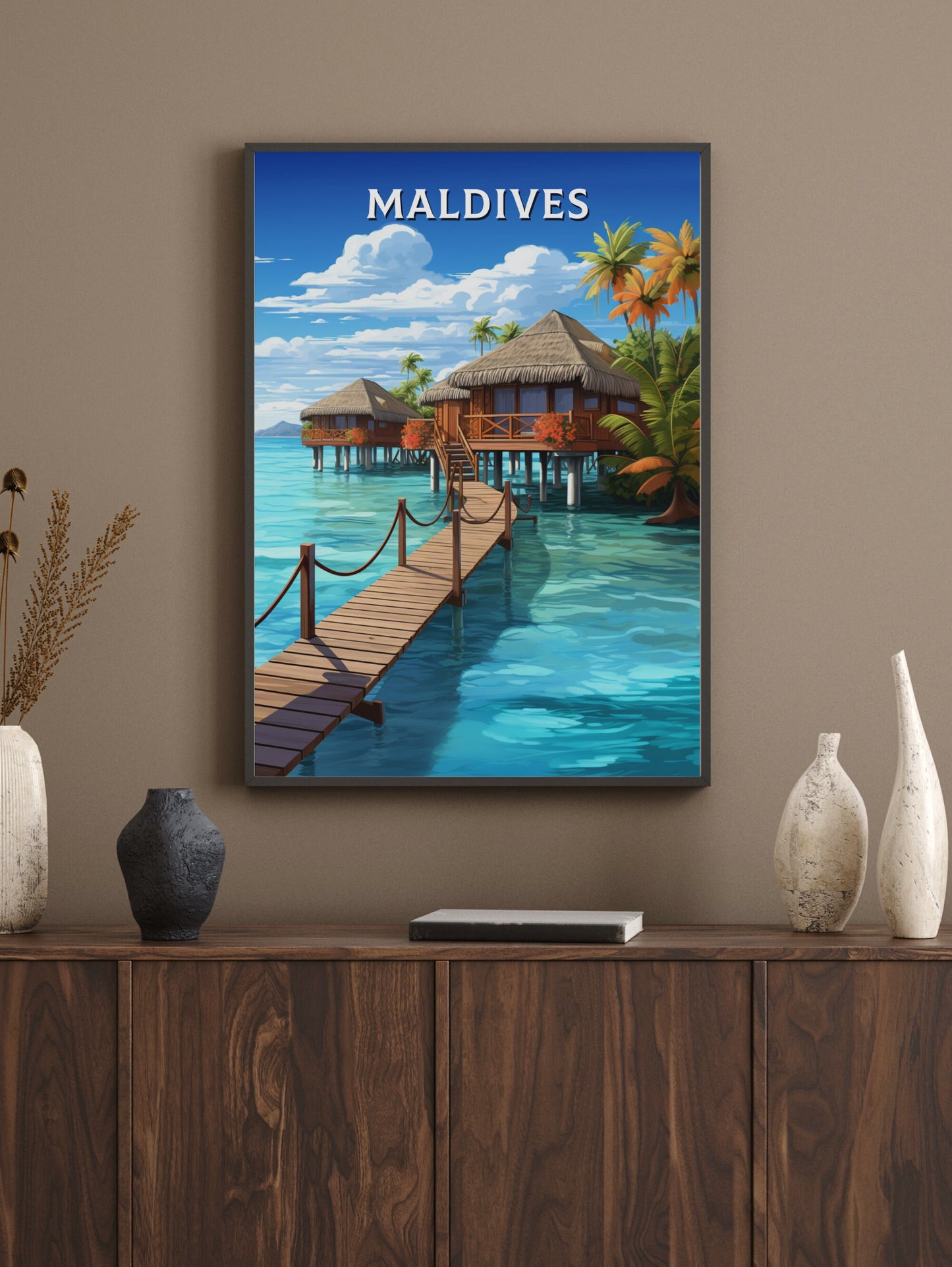 Maldives Print | Maldives Illustration | Maldives Poster | Maldives Wall Art | Maldives Bungalows Poster | Overwater Bungalows | ID 928