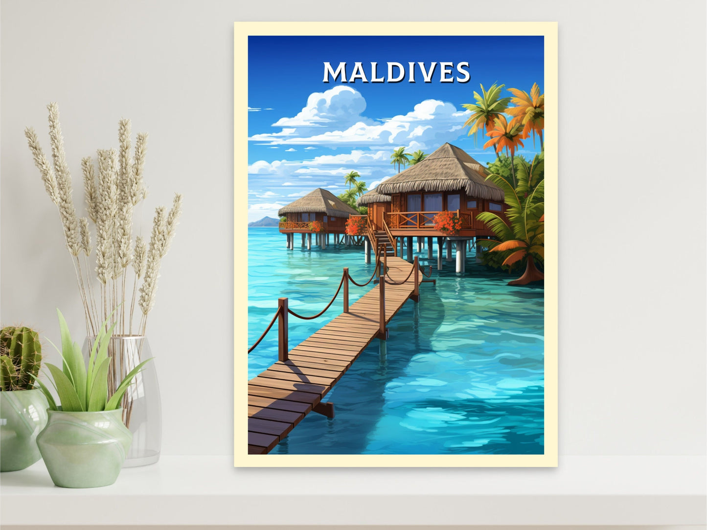 Maldives Print | Maldives Illustration | Maldives Poster | Maldives Wall Art | Maldives Bungalows Poster | Overwater Bungalows | ID 928