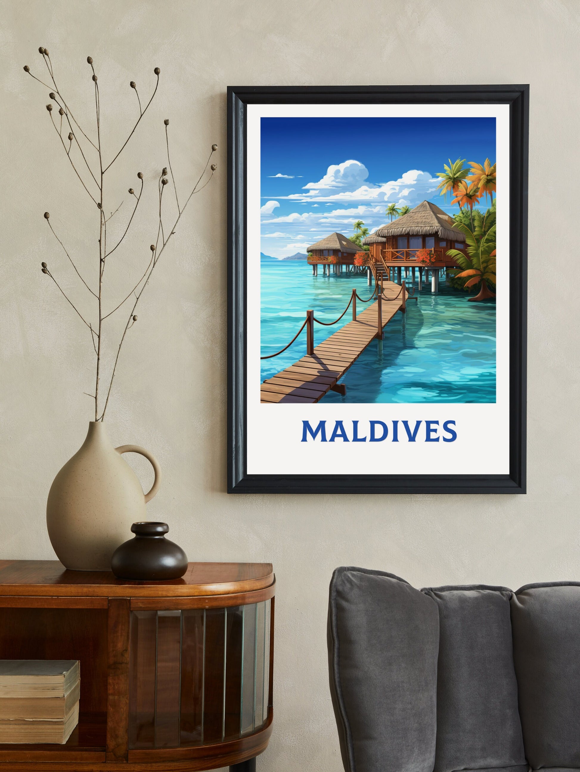 Maldives Poster | Maldives Illustration | Maldives Print | Maldives Wall Art | Maldives Bungalows Print | Overwater Bungalows | ID 933