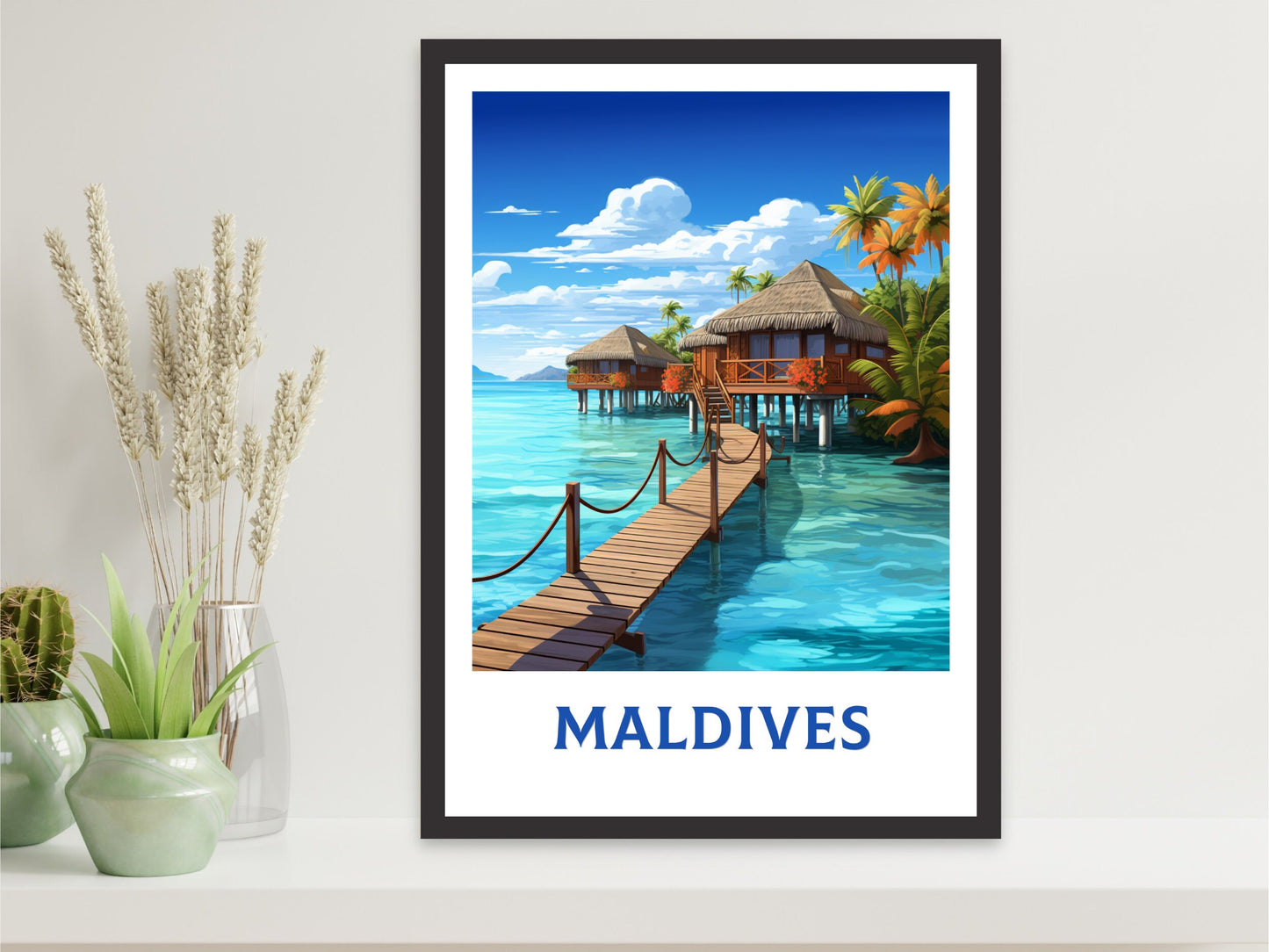 Maldives Poster | Maldives Illustration | Maldives Print | Maldives Wall Art | Maldives Bungalows Print | Overwater Bungalows | ID 933