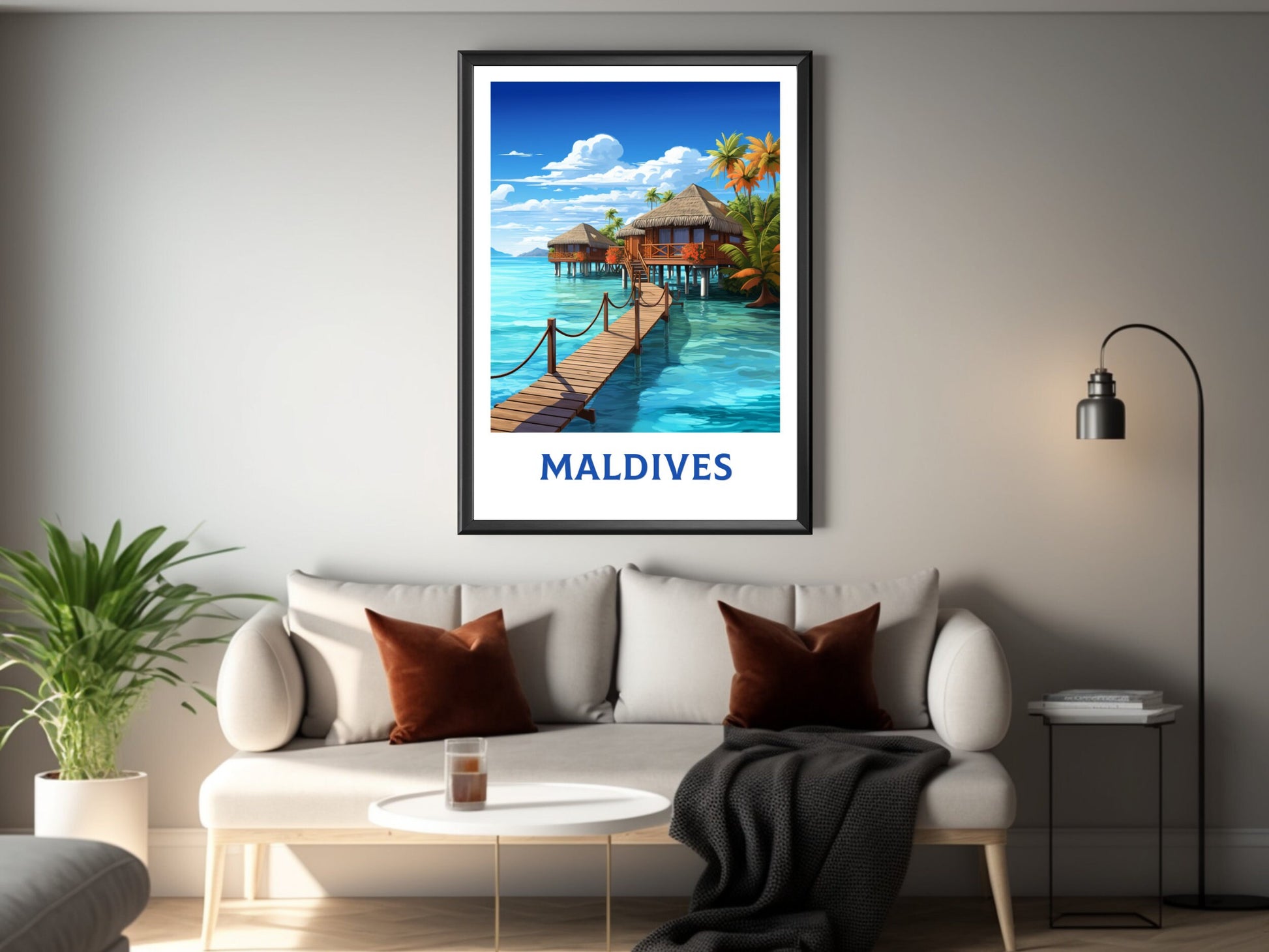 Maldives Poster | Maldives Illustration | Maldives Print | Maldives Wall Art | Maldives Bungalows Print | Overwater Bungalows | ID 933