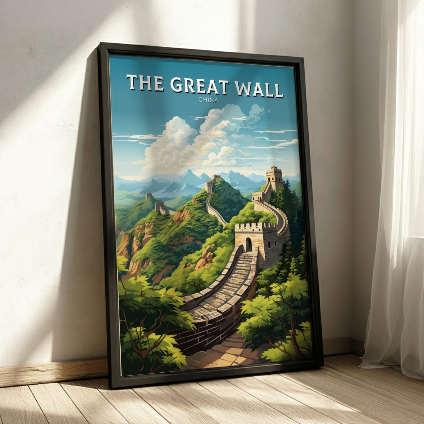 Framed poster of The Great Wall of China on a wall.