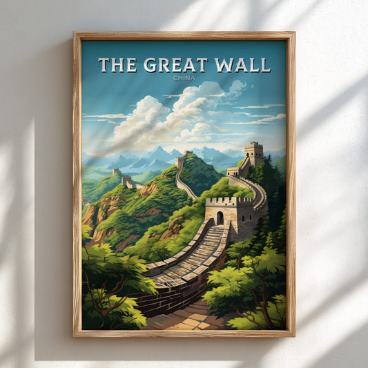Framed artwork of The Great Wall of China on a white wall