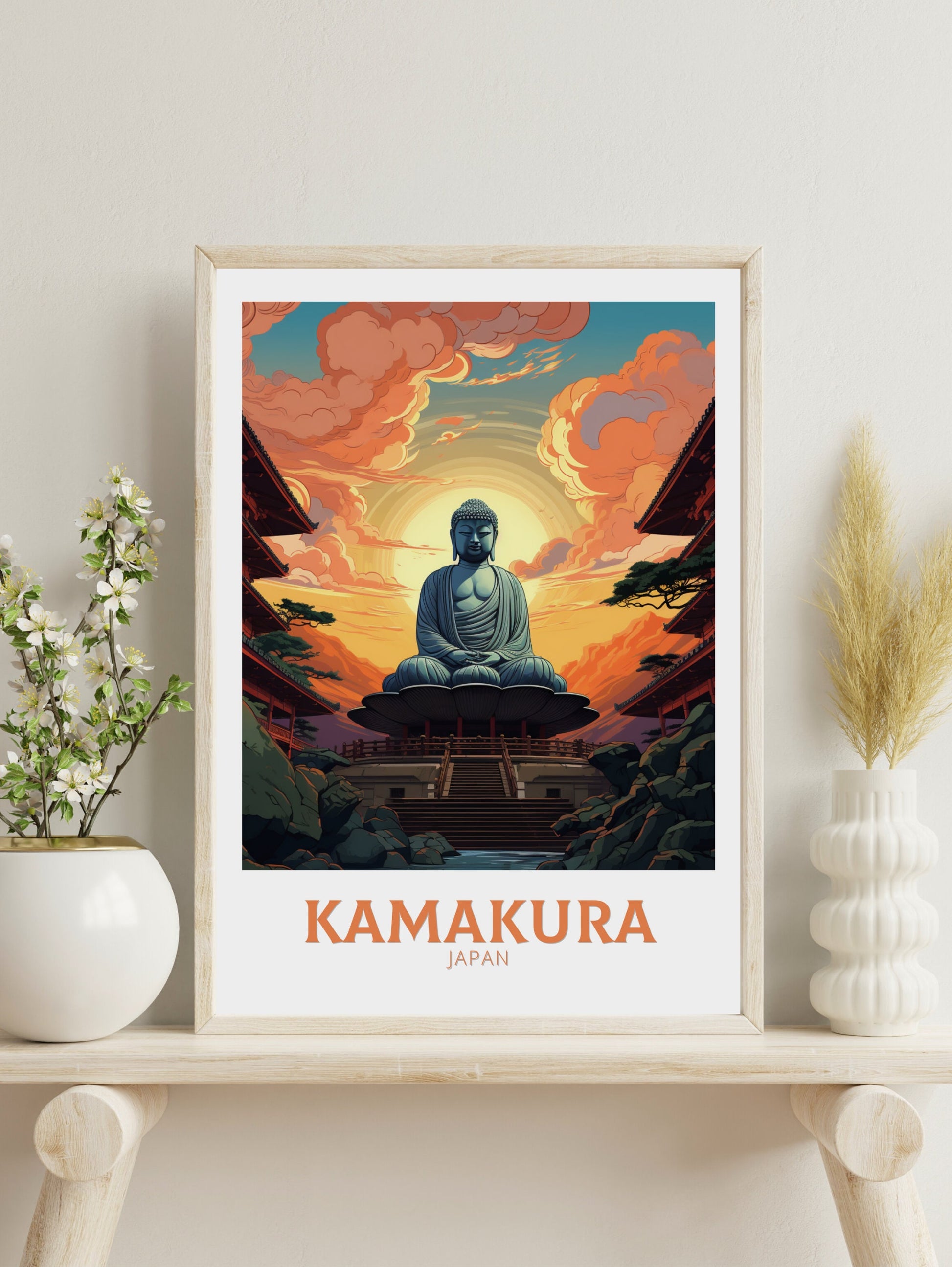 Kamakura Poster | Kamakura Illustration | Japan Poster | Japan Print | Kamakura Print | Kamakura Wall Art | Great Buddha Poster | ID 905