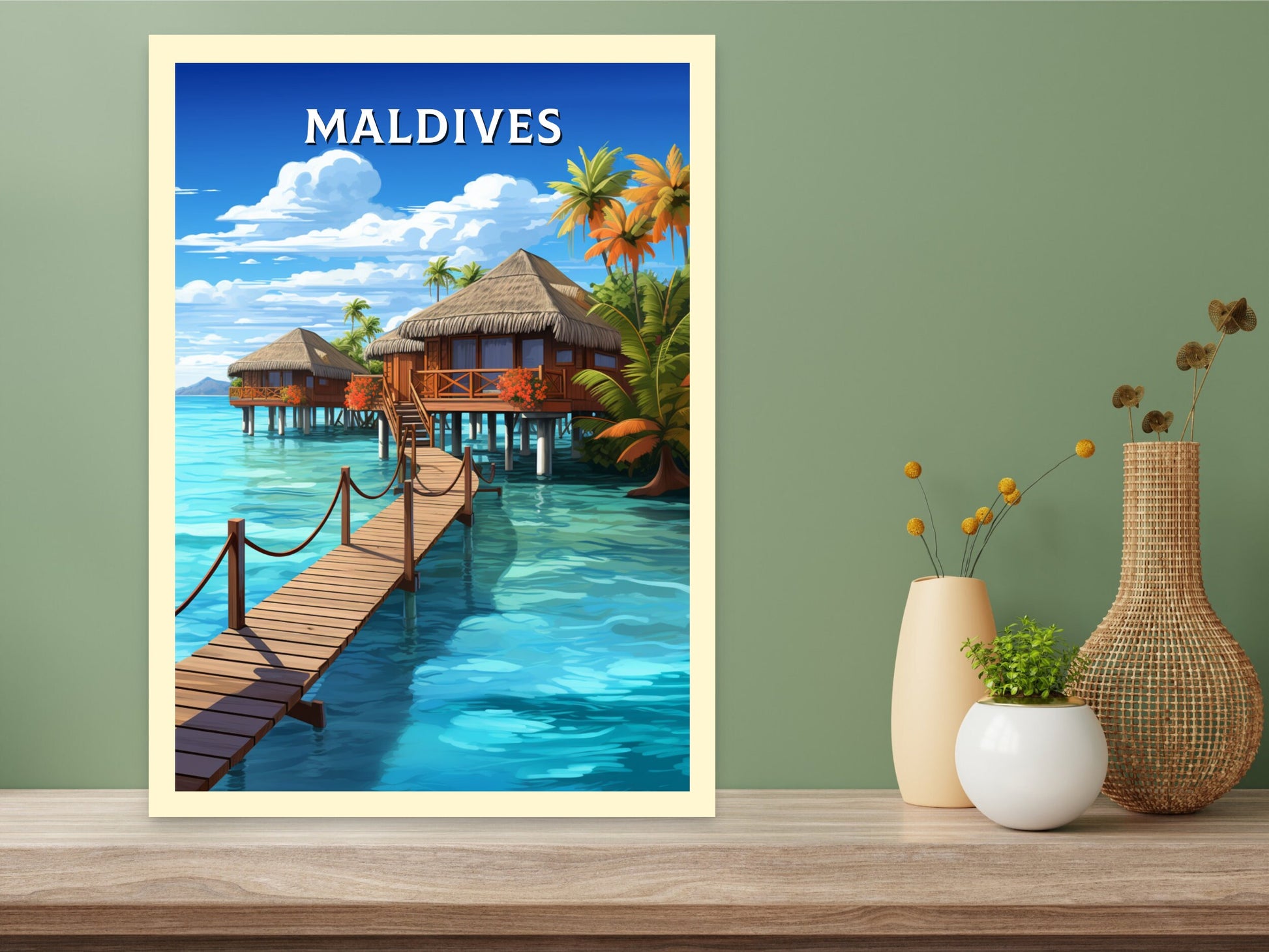 Maldives Print | Maldives Illustration | Maldives Poster | Maldives Wall Art | Maldives Bungalows Poster | Overwater Bungalows | ID 928