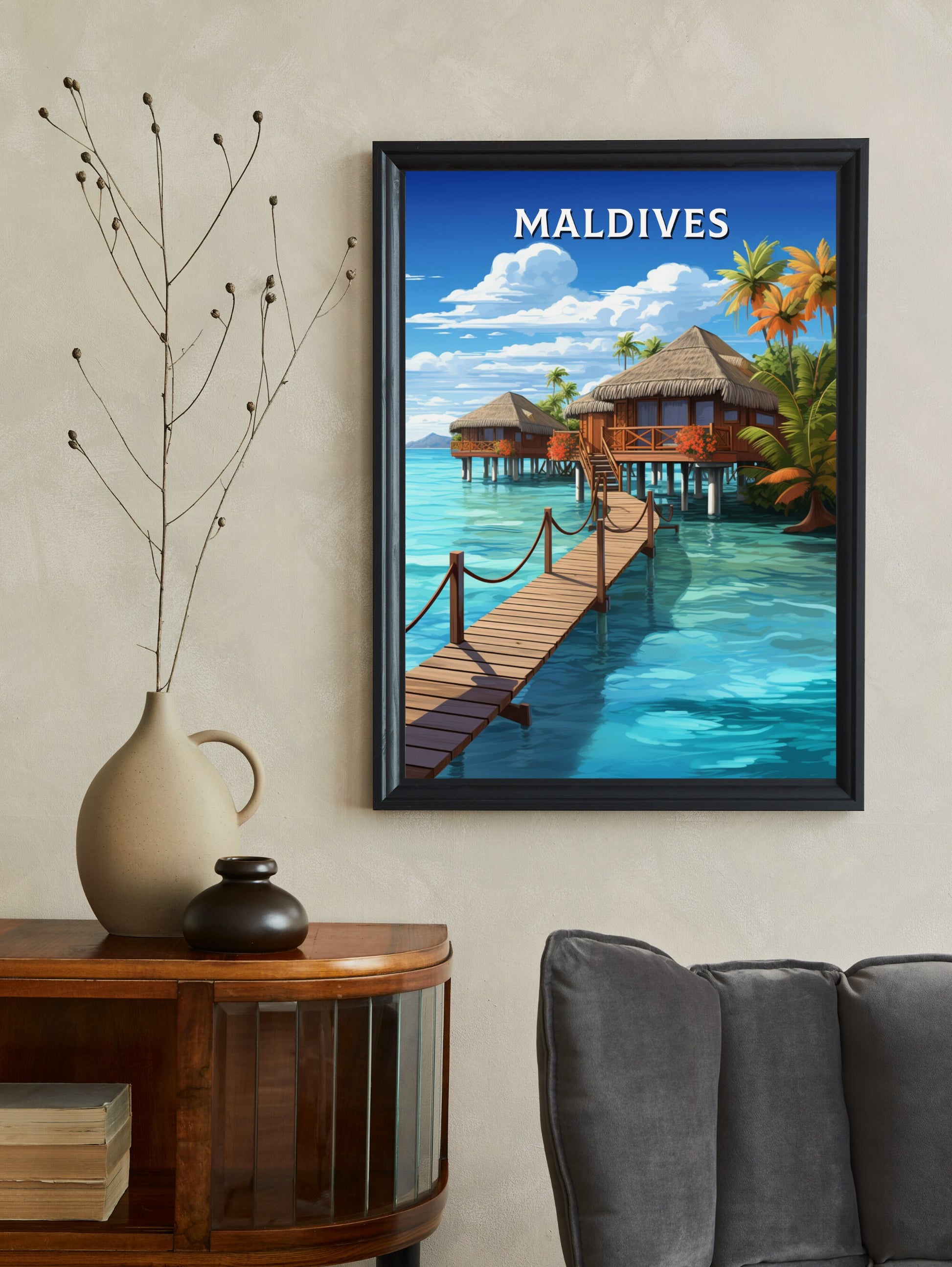 Maldives Print | Maldives Illustration | Maldives Poster | Maldives Wall Art | Maldives Bungalows Poster | Overwater Bungalows | ID 928