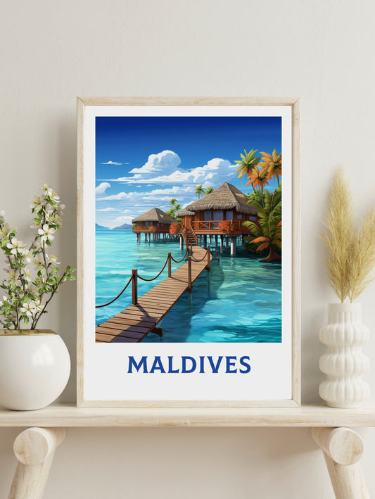Maldives Poster | Maldives Illustration | Maldives Print | Maldives Wall Art | Maldives Bungalows Print | Overwater Bungalows | ID 933