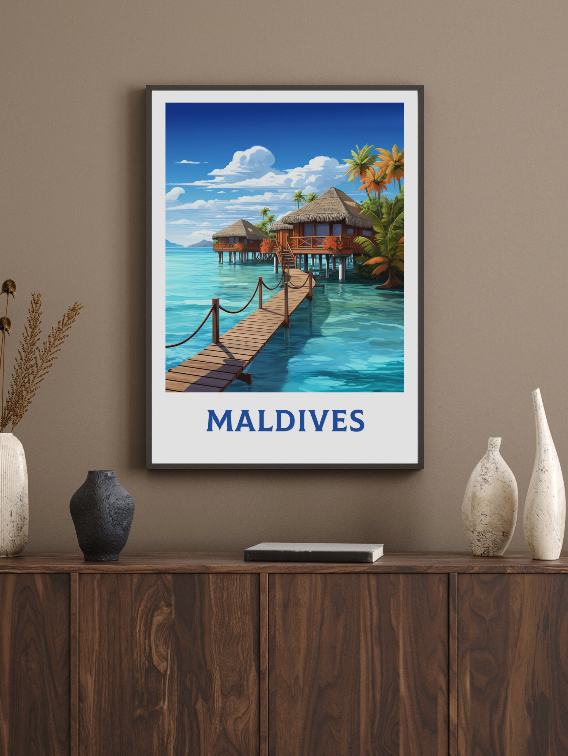 Maldives Poster | Maldives Illustration | Maldives Print | Maldives Wall Art | Maldives Bungalows Print | Overwater Bungalows | ID 933