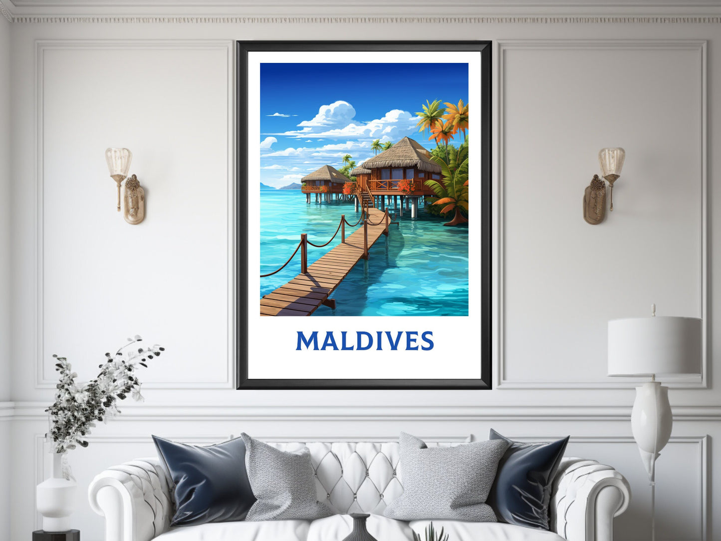 Maldives Poster | Maldives Illustration | Maldives Print | Maldives Wall Art | Maldives Bungalows Print | Overwater Bungalows | ID 933