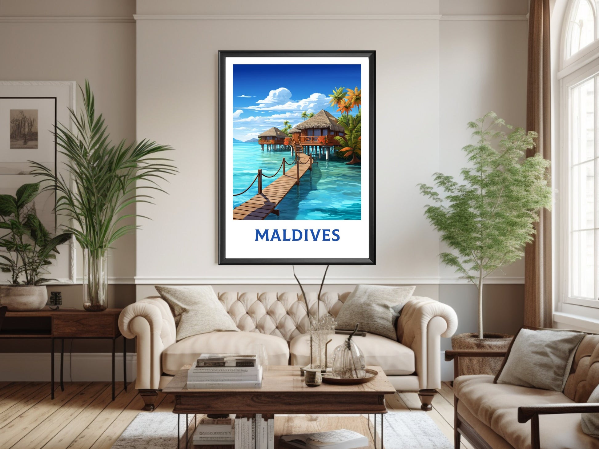 Maldives Poster | Maldives Illustration | Maldives Print | Maldives Wall Art | Maldives Bungalows Print | Overwater Bungalows | ID 933