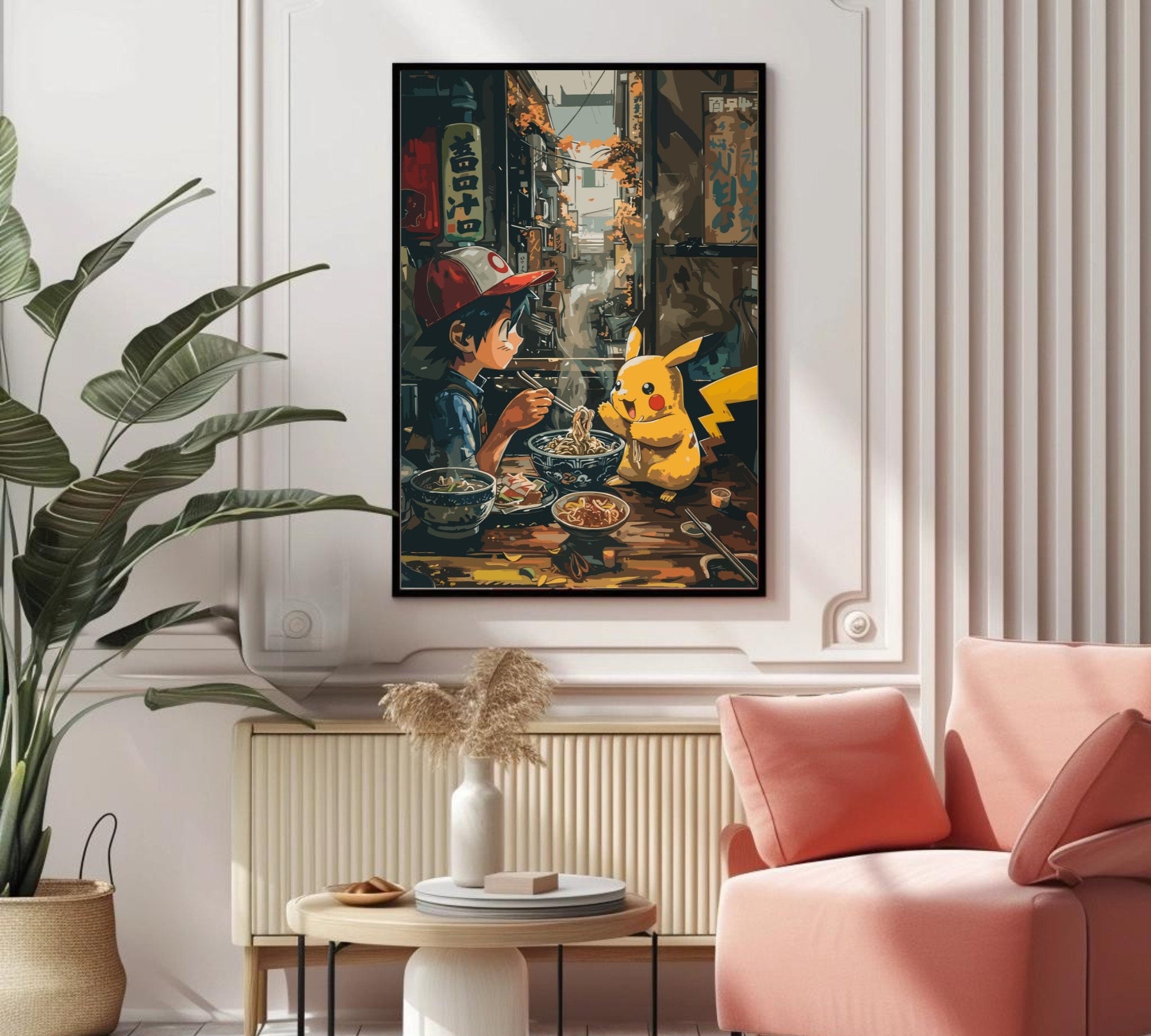 Ash and Pikachu Poster: Pokémon Anime Poster in Japanese Tapestry Style - Printable Wall Art for Bedroom Décor and Japanese Home Décor