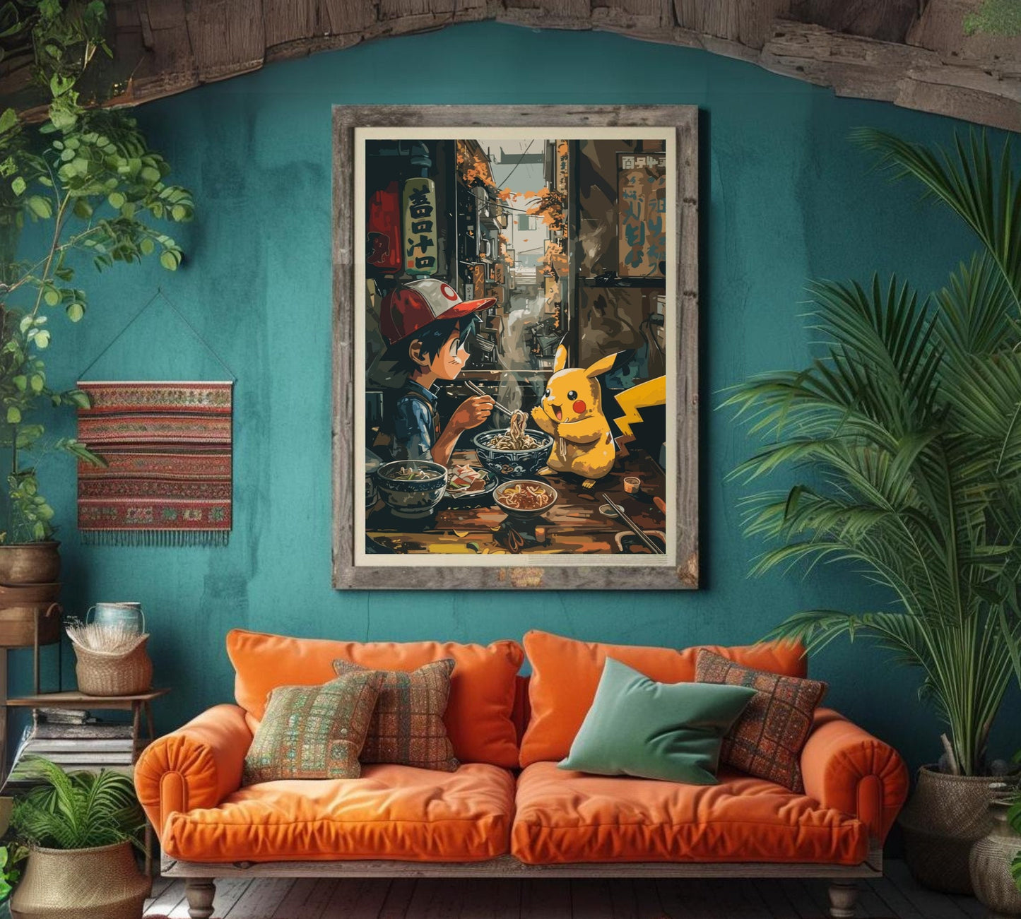 Ash and Pikachu eating ramen poster