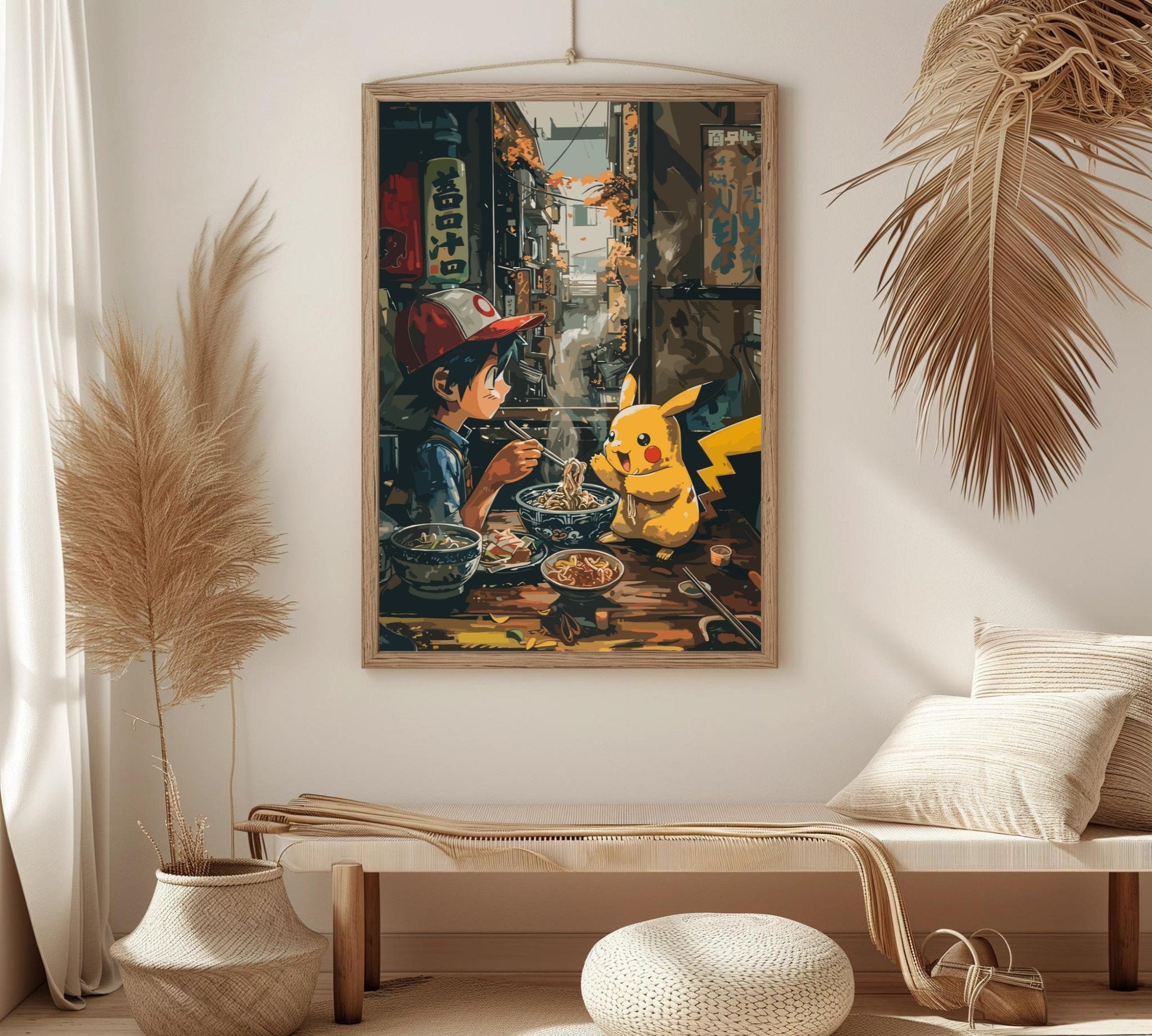 Ash and Pikachu Poster: Pokémon Anime Poster in Japanese Tapestry Style - Printable Wall Art for Bedroom Décor and Japanese Home Décor