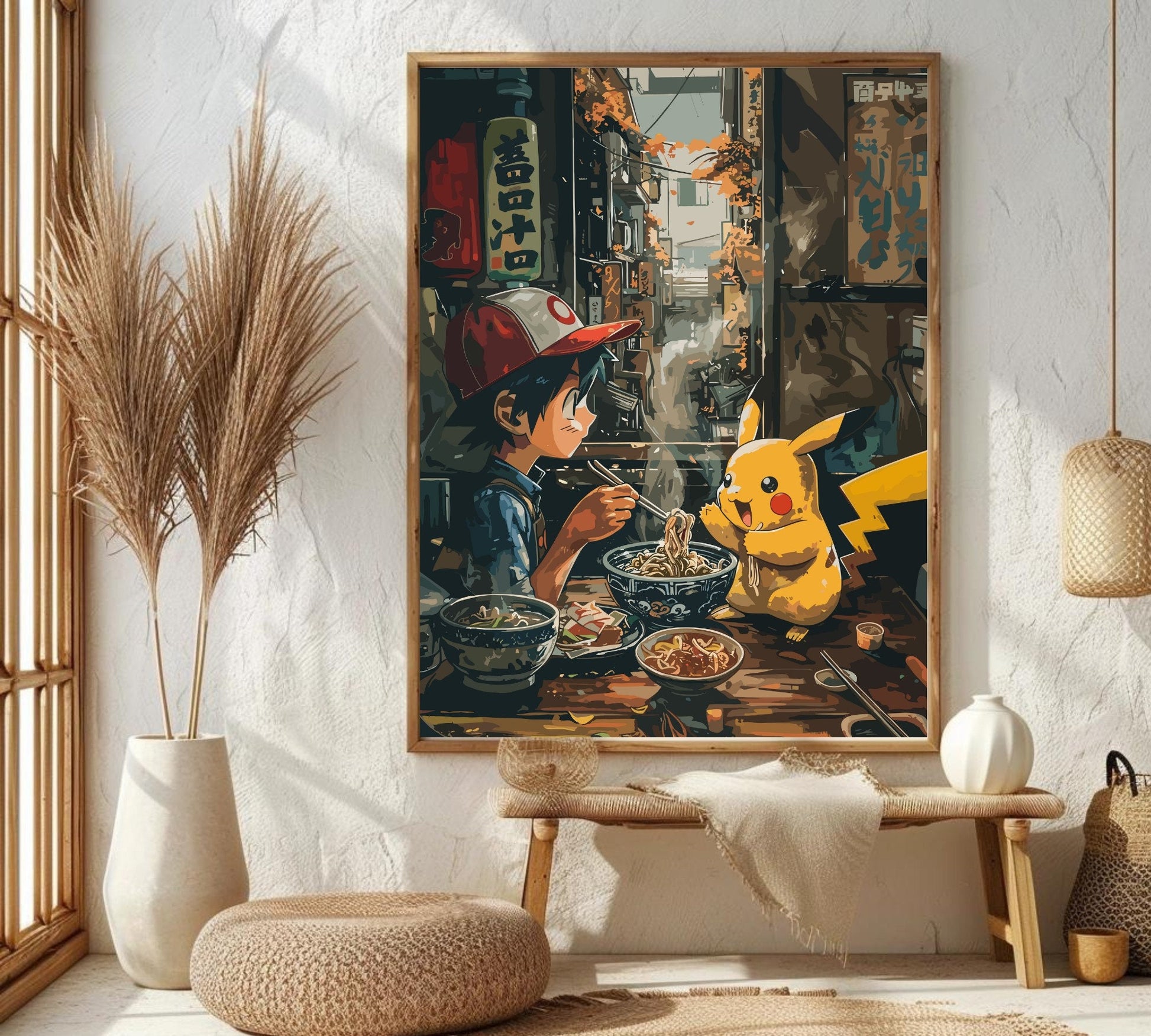 Ash and Pikachu Poster: Pokémon Anime Poster in Japanese Tapestry Style - Printable Wall Art for Bedroom Décor and Japanese Home Décor