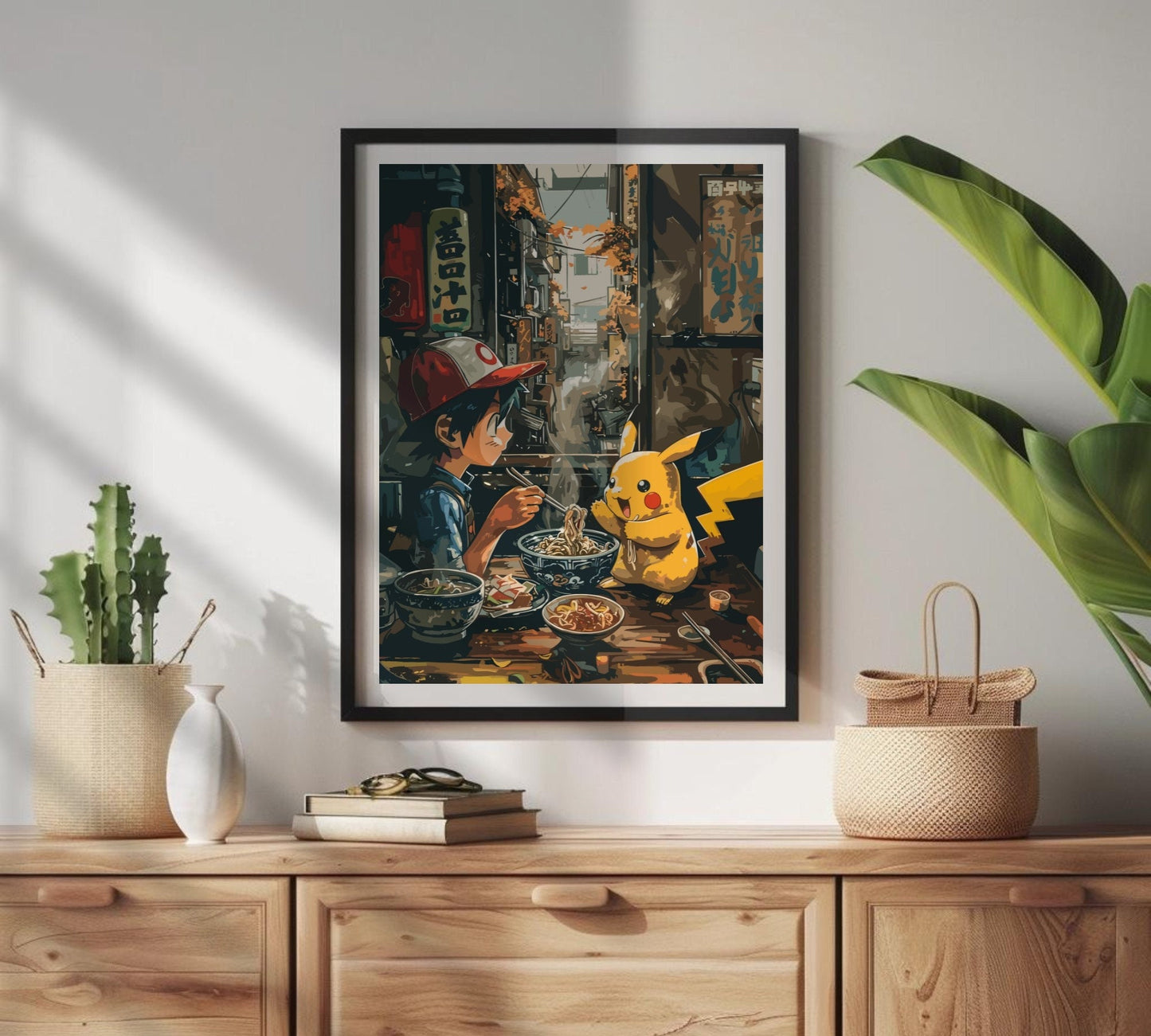 Ash and Pikachu eating ramen poster