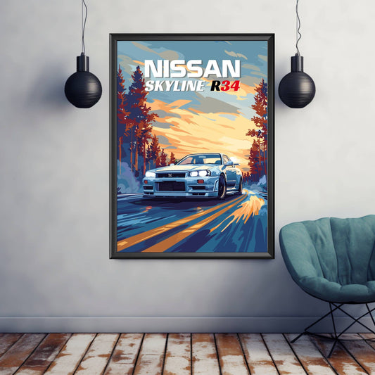 Nissan Skyline R34 Print, 1990s Car Print, Car Print, Nissan Skyline R34 Poster, Car Poster, Car Art, Japanese Car Print