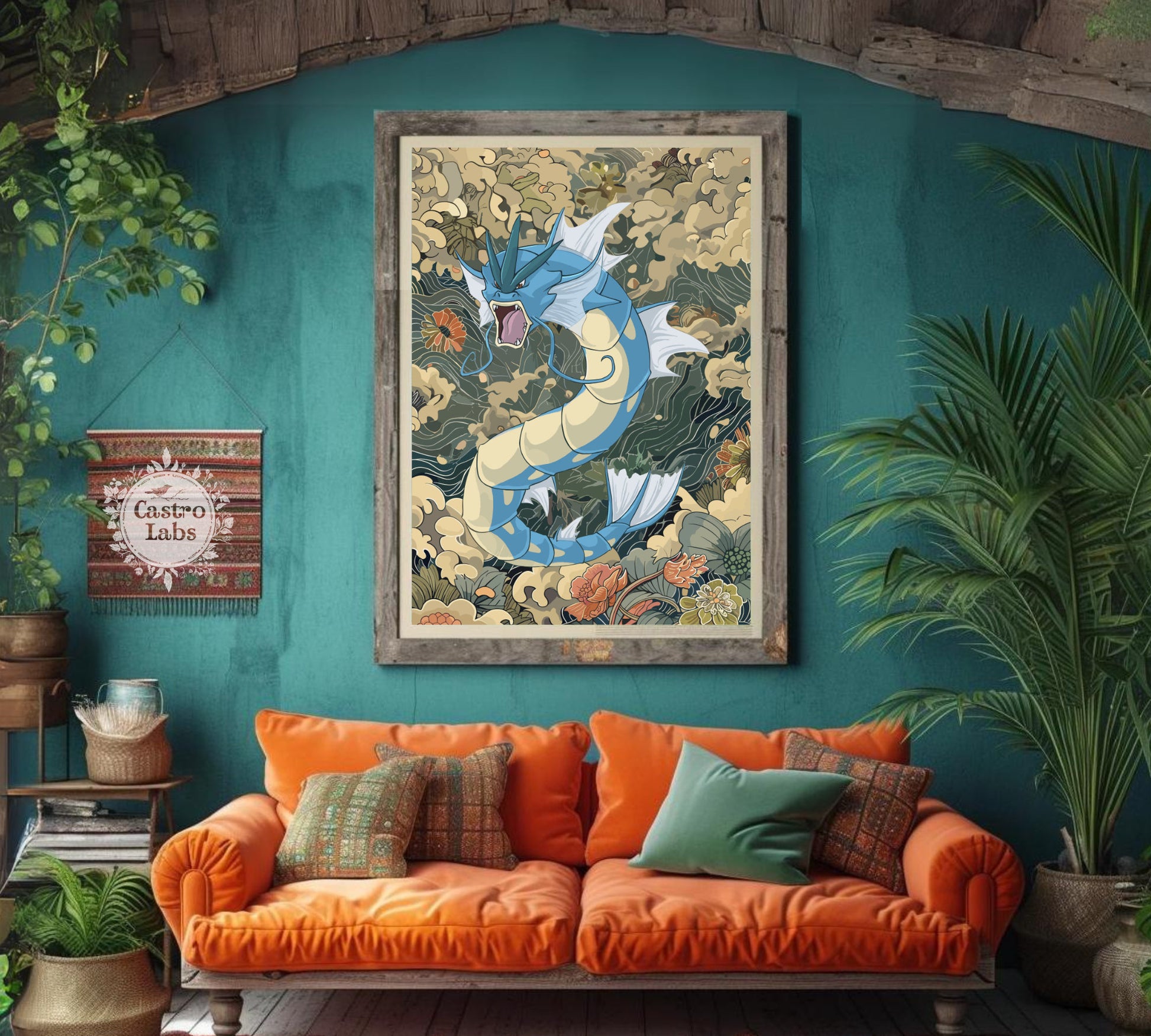 Gyarados Poster: Japanese Tapestry Style Pokemon Anime Poster