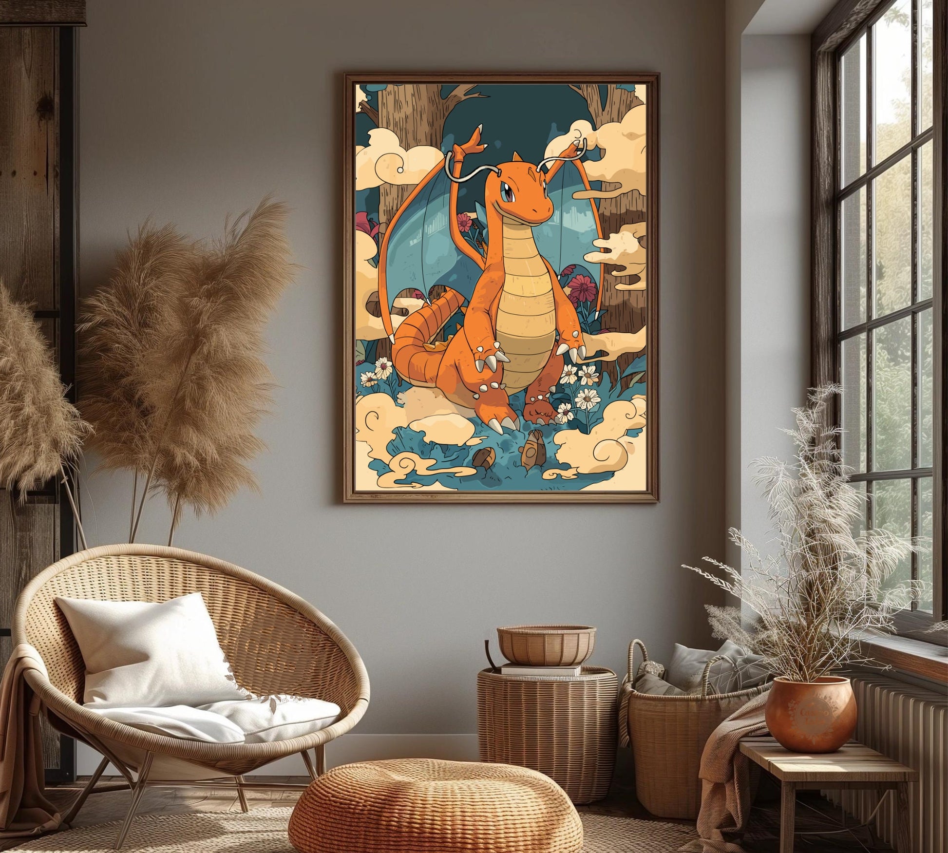 Dragonite Poster: Japanese Tapestry Style Pokemon Anime Poster