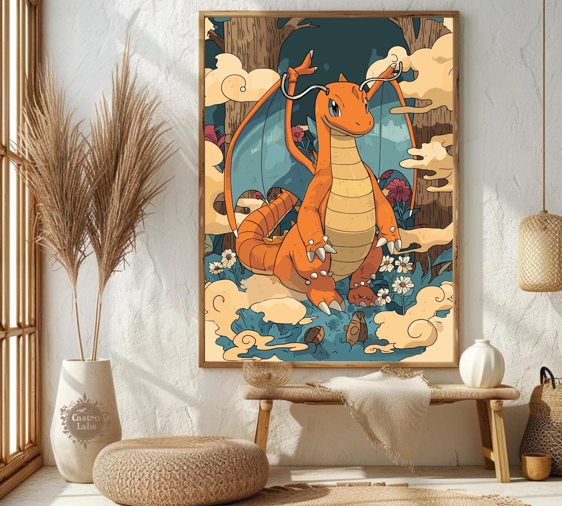 Dragonite Poster: Japanese Tapestry Style Pokemon Anime Poster