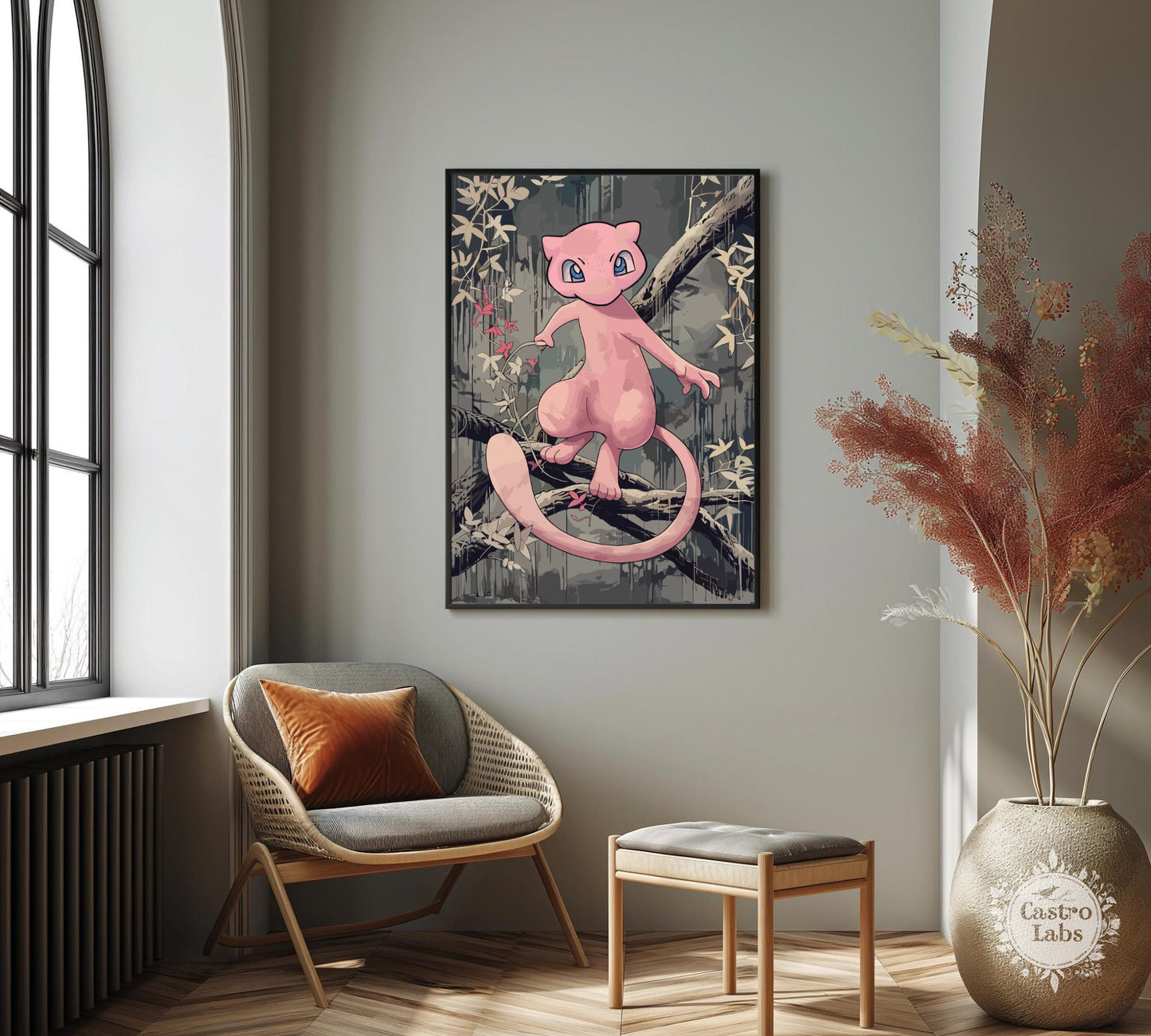 Mew Poster: Japanese Tapestry Style Pokemon Anime Poster