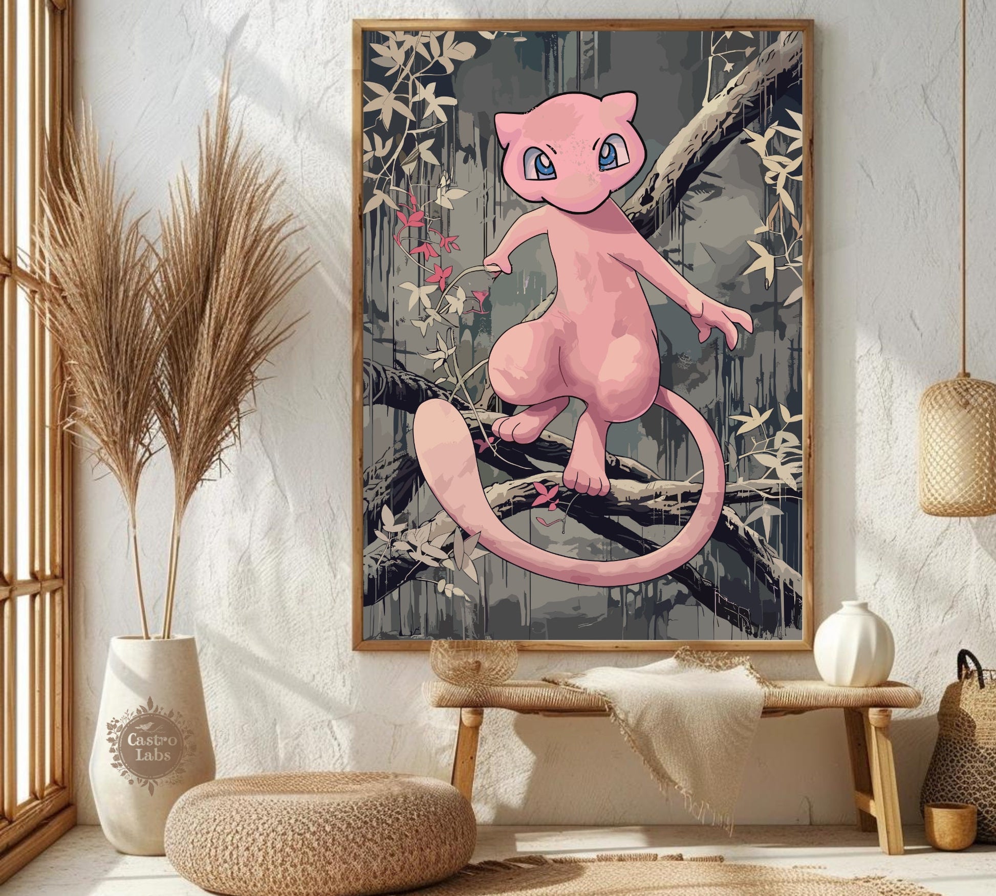 Mew Poster: Japanese Tapestry Style Pokemon Anime Poster