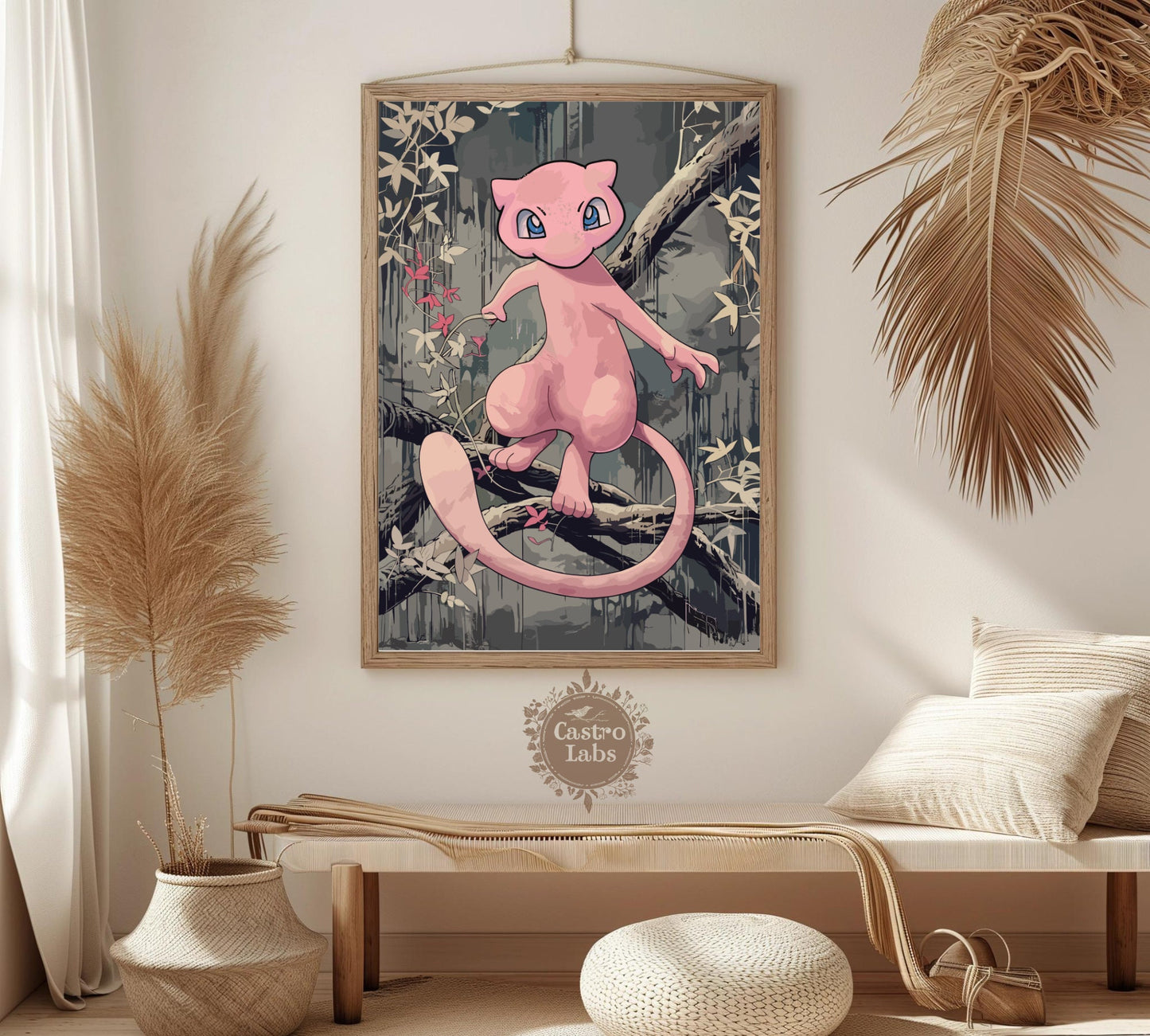 Mew Poster: Japanese Tapestry Style Pokemon Anime Poster