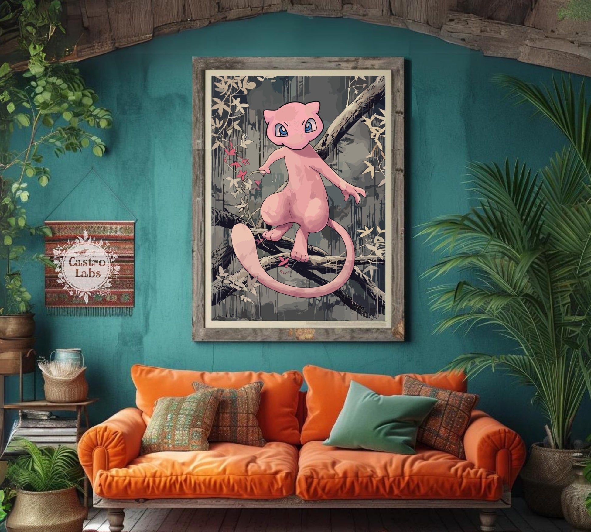 Mew Poster: Japanese Tapestry Style Pokemon Anime Poster