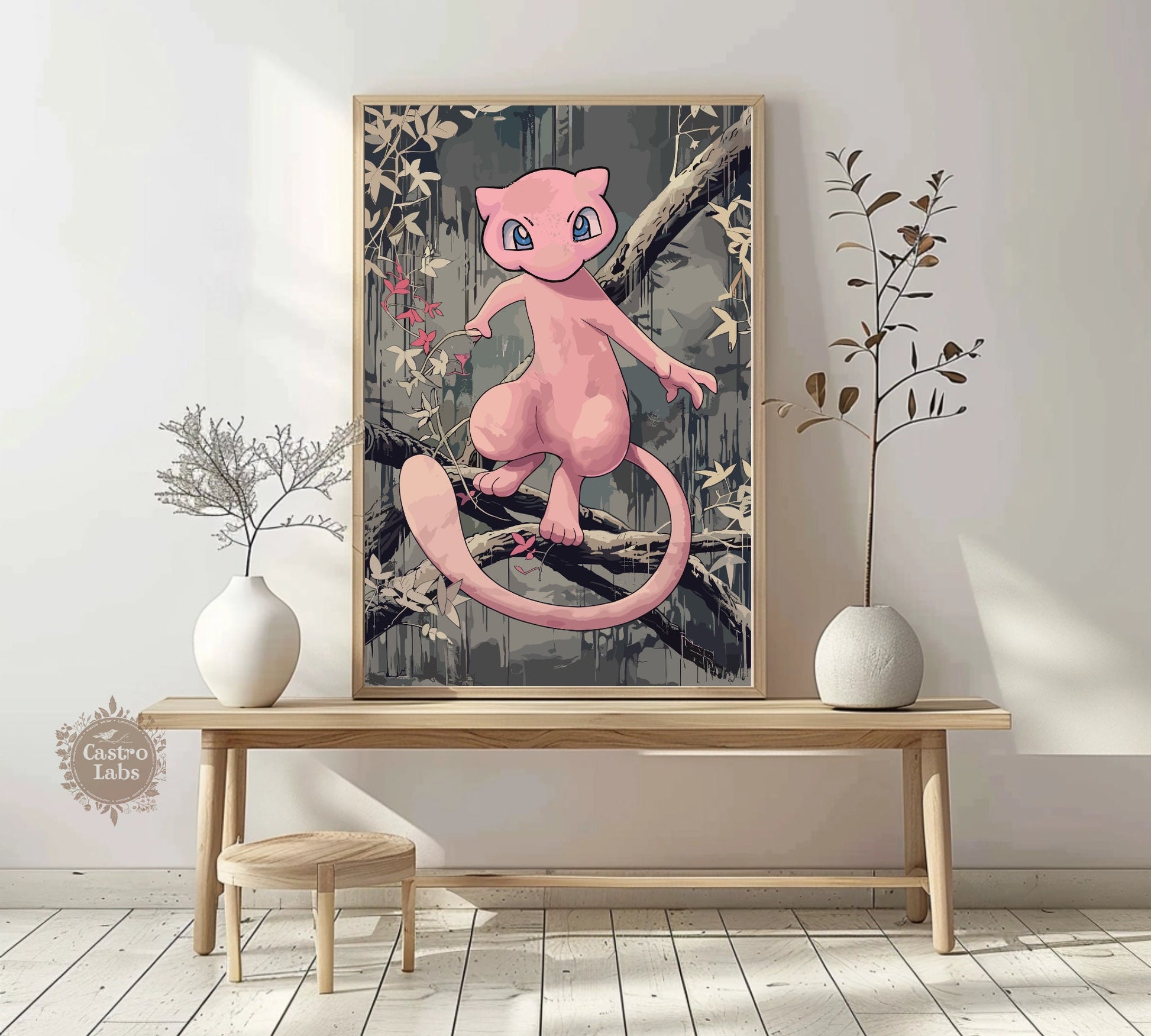 Mew Poster: Japanese Tapestry Style Pokemon Anime Poster