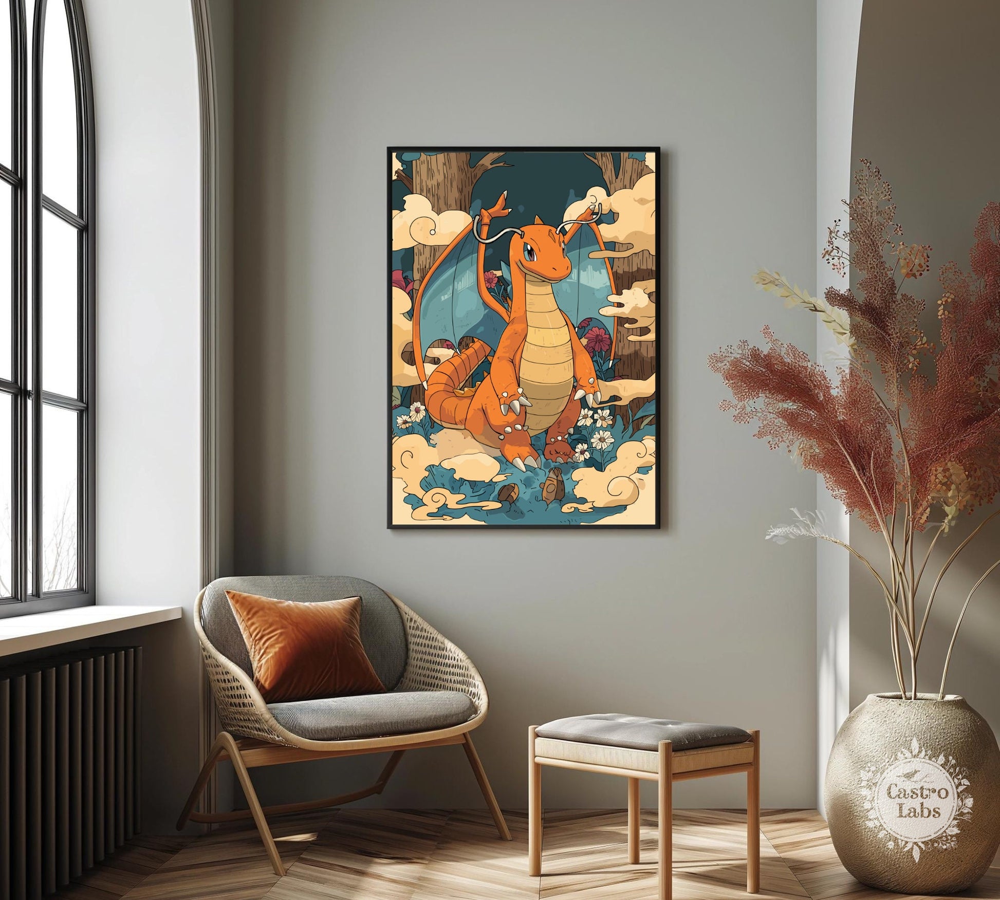 Dragonite Poster: Japanese Tapestry Style Pokemon Anime Poster