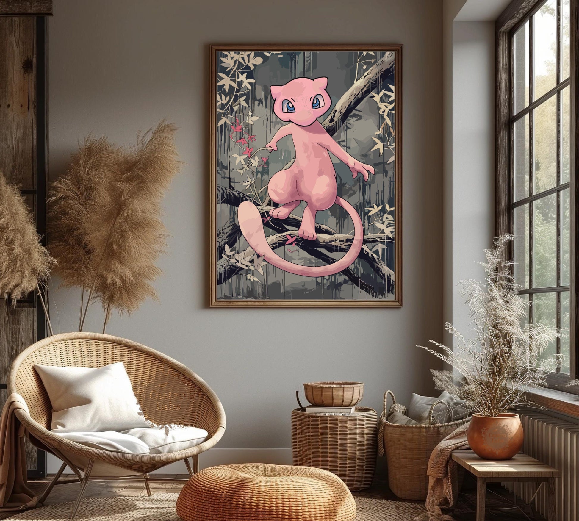 Mew Poster: Japanese Tapestry Style Pokemon Anime Poster