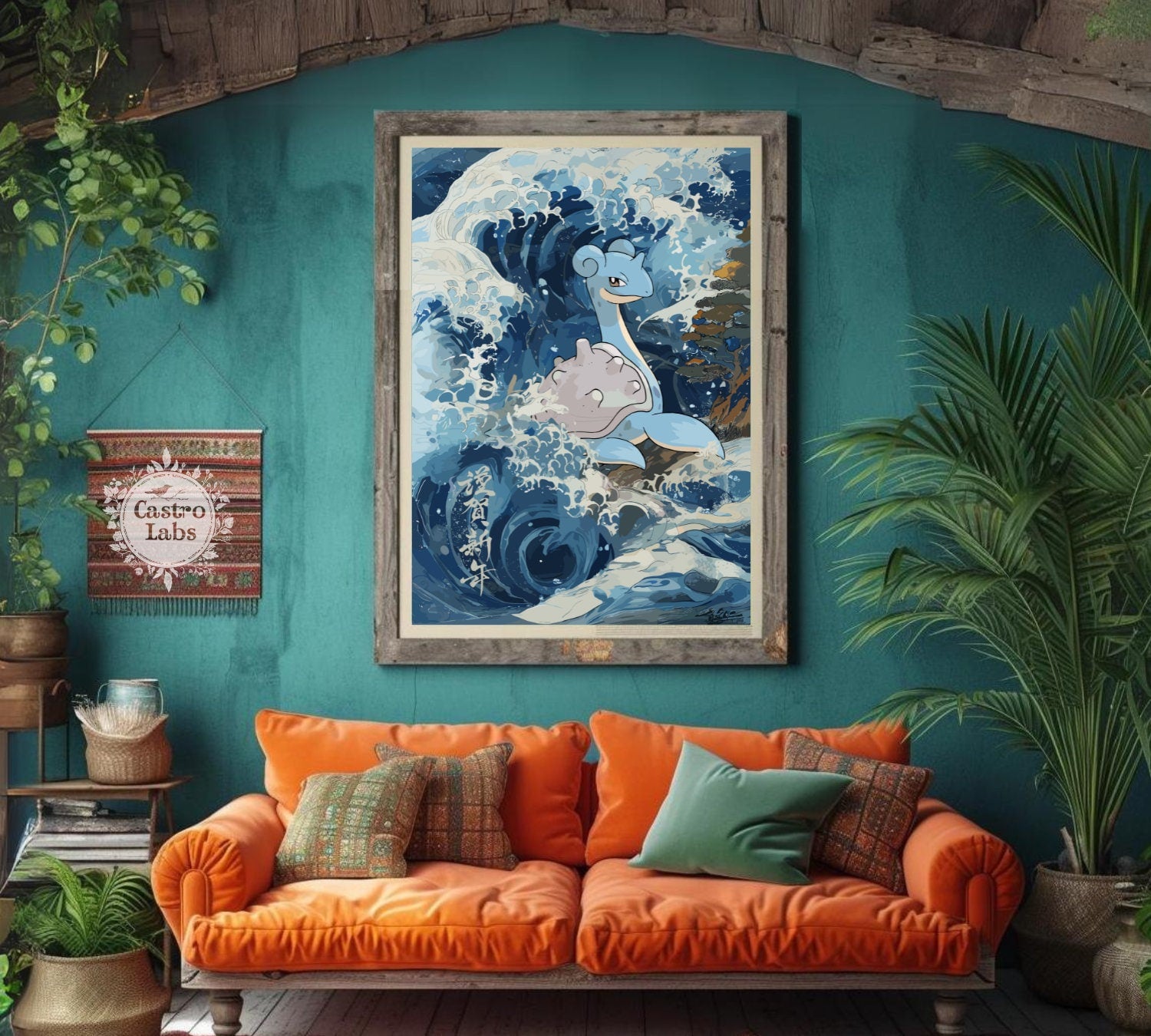 Lapras: Japanese Tapestry Style Pokemon Anime Poster - Wall Art for Bedroom and Japanese Home Decor