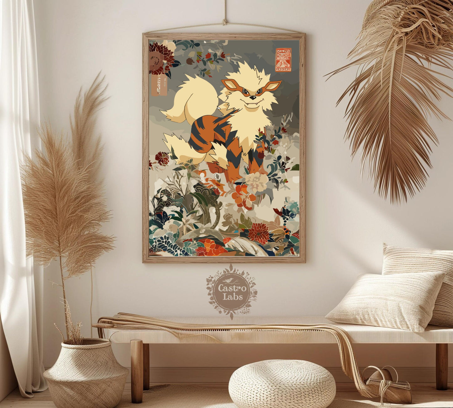 Arcanine: Japanese Tapestry Style Pokemon Anime Poster - Wall Art for Bedroom and Japanese Home Decor