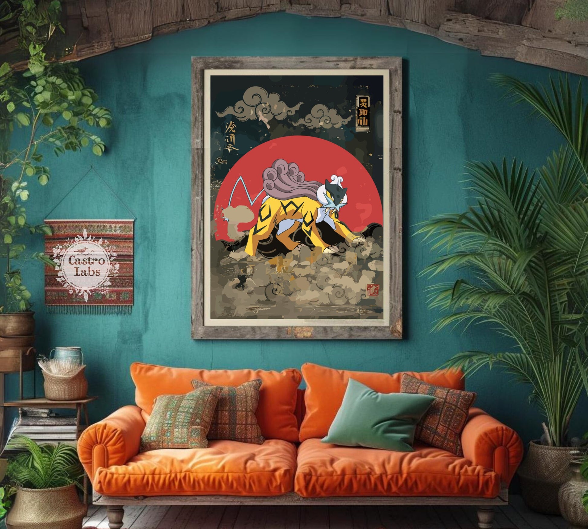 Raikou: Japanese Tapestry Style Pokemon Anime Poster - Wall Art for Bedroom and Japanese Home Decor