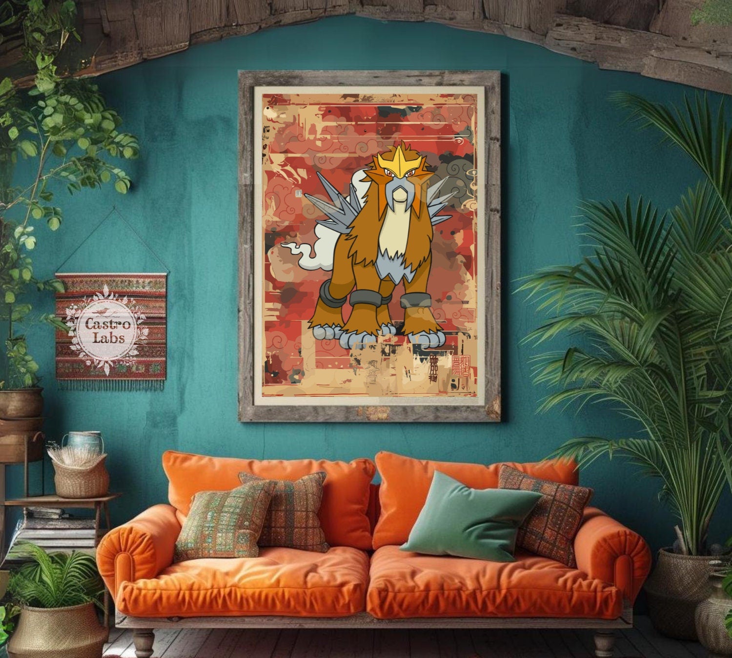 Entei: Japanese Tapestry Style Pokemon Anime Poster