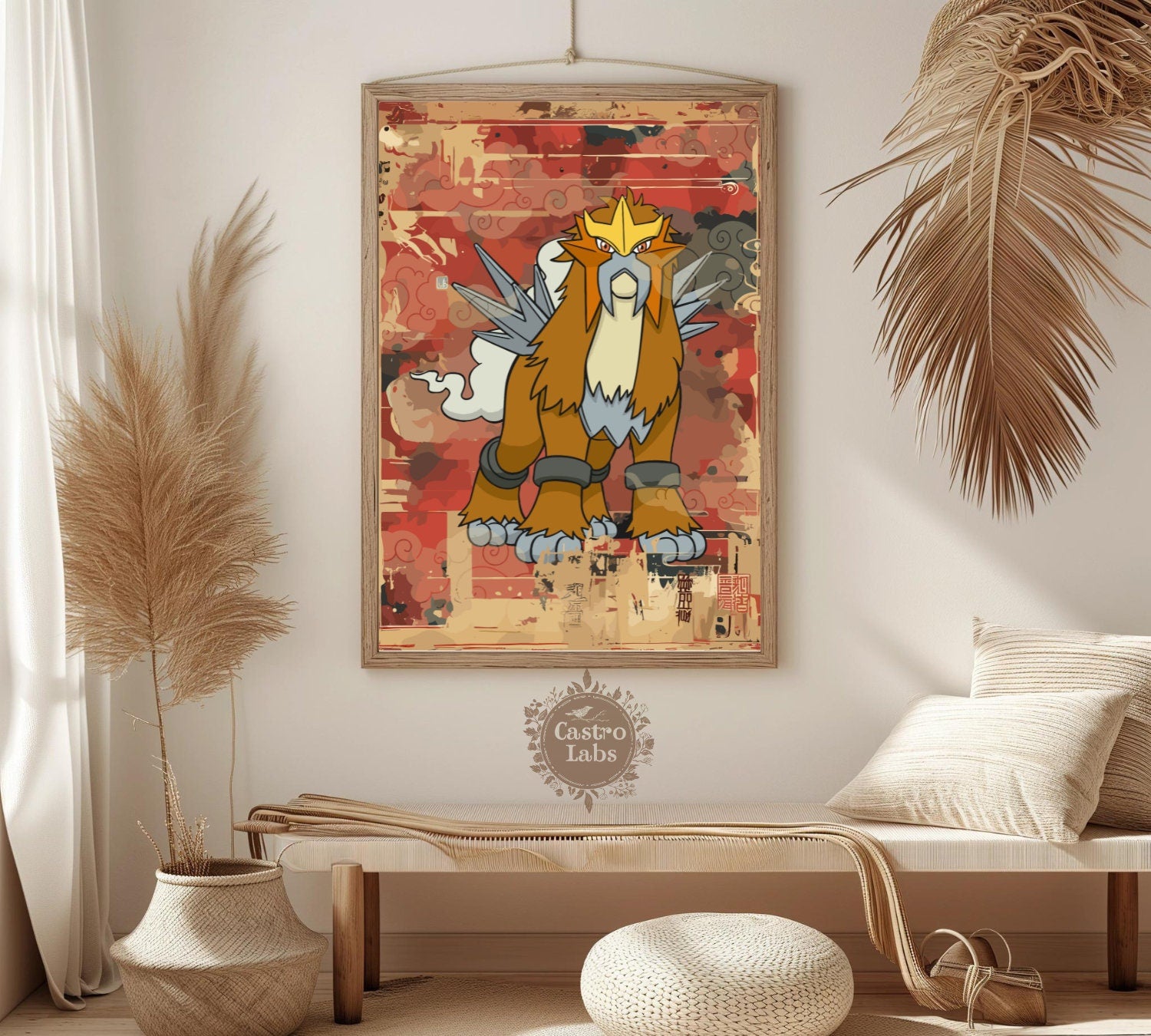 Entei: Japanese Tapestry Style Pokemon Anime Poster