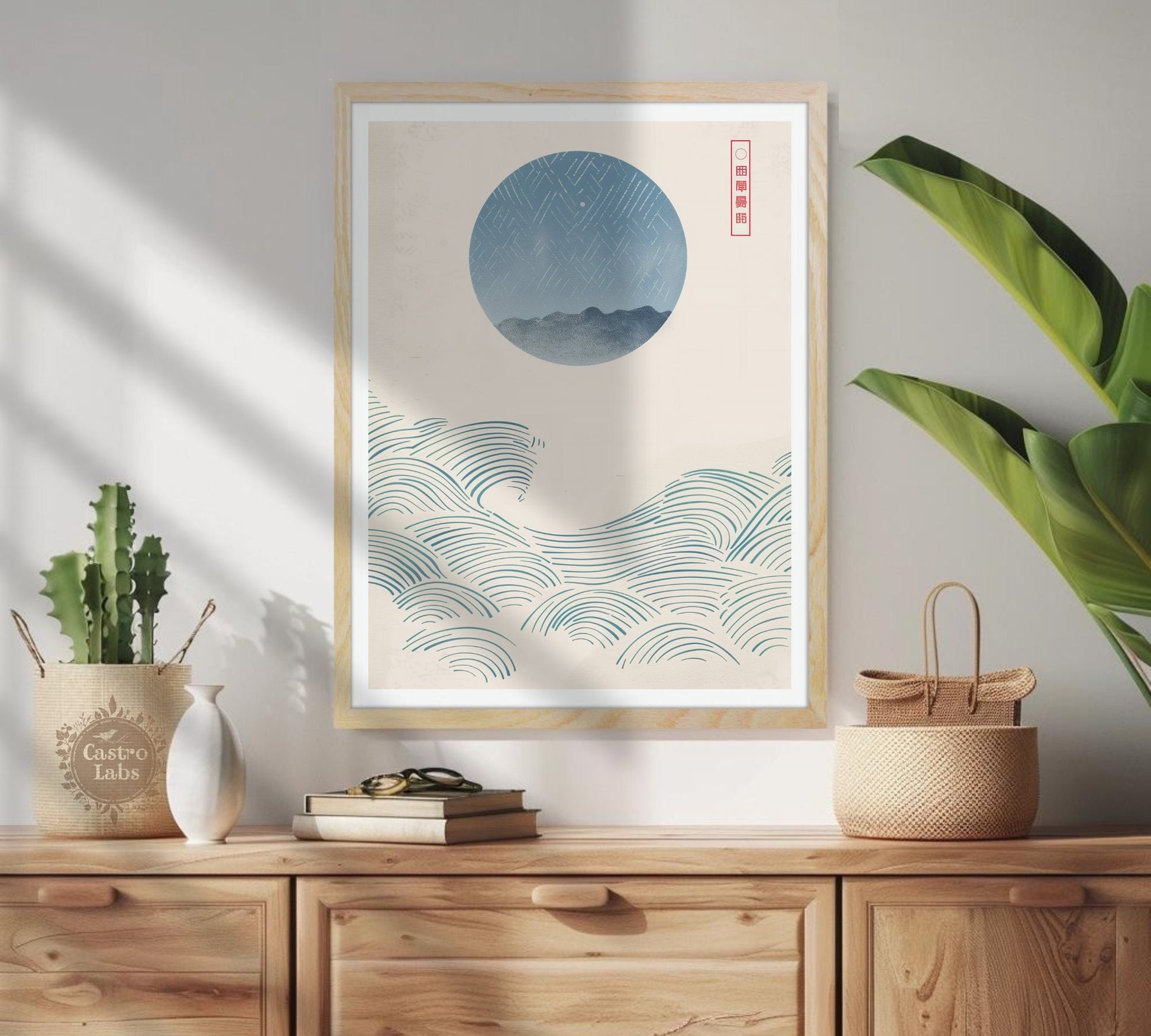 Blue Ocean Waves and a Moon - Japanese Wave Painting